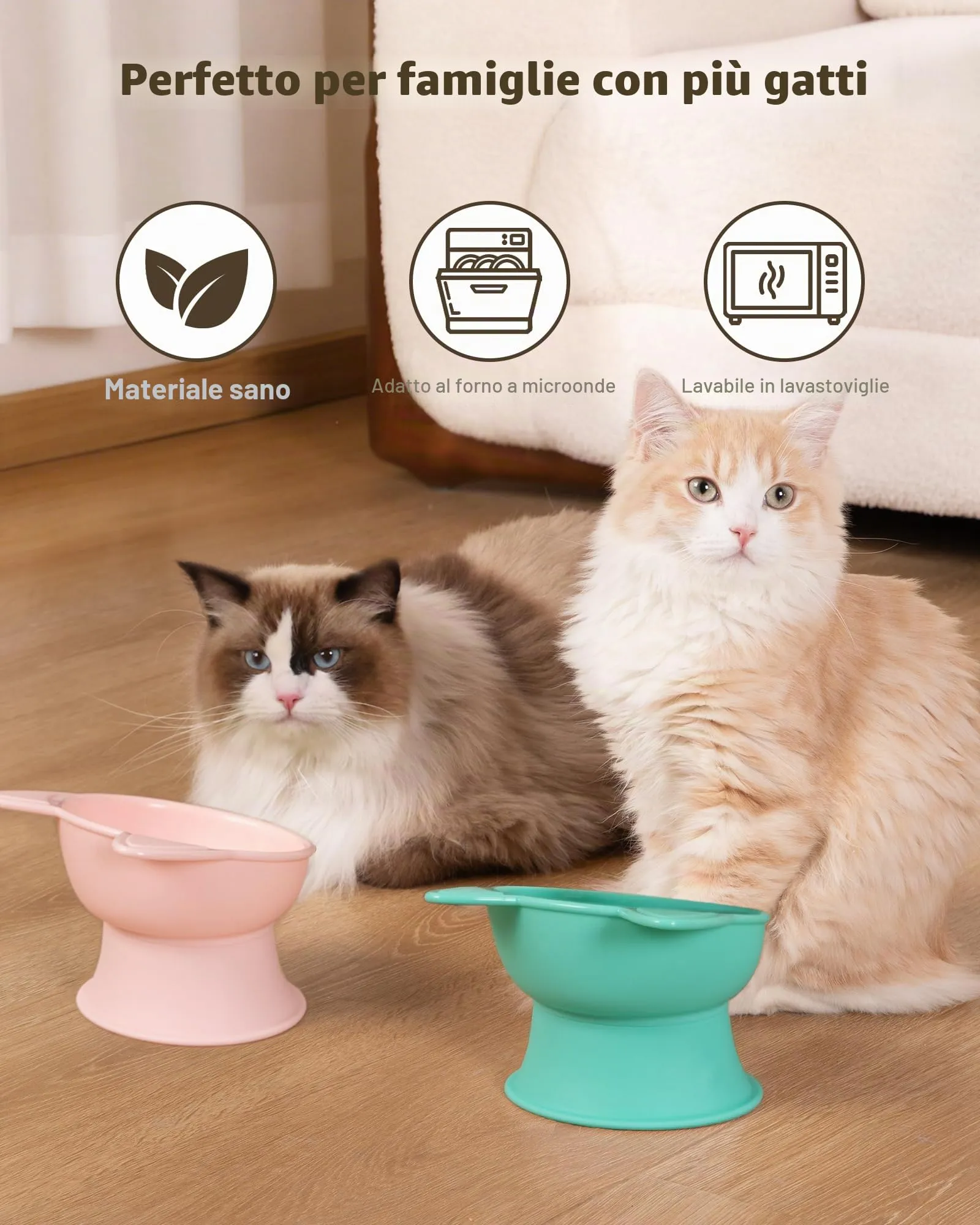 MateeyLife Ciotole per Gatti Rialzate, Set da 2, Rosa e Verde - immagine 8
