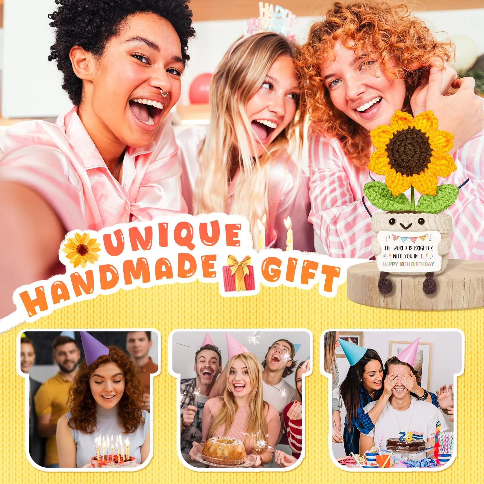 Giftasy Girasole all'uncinetto fatto a mano con biglietto per 18° compleanno - immagine 4