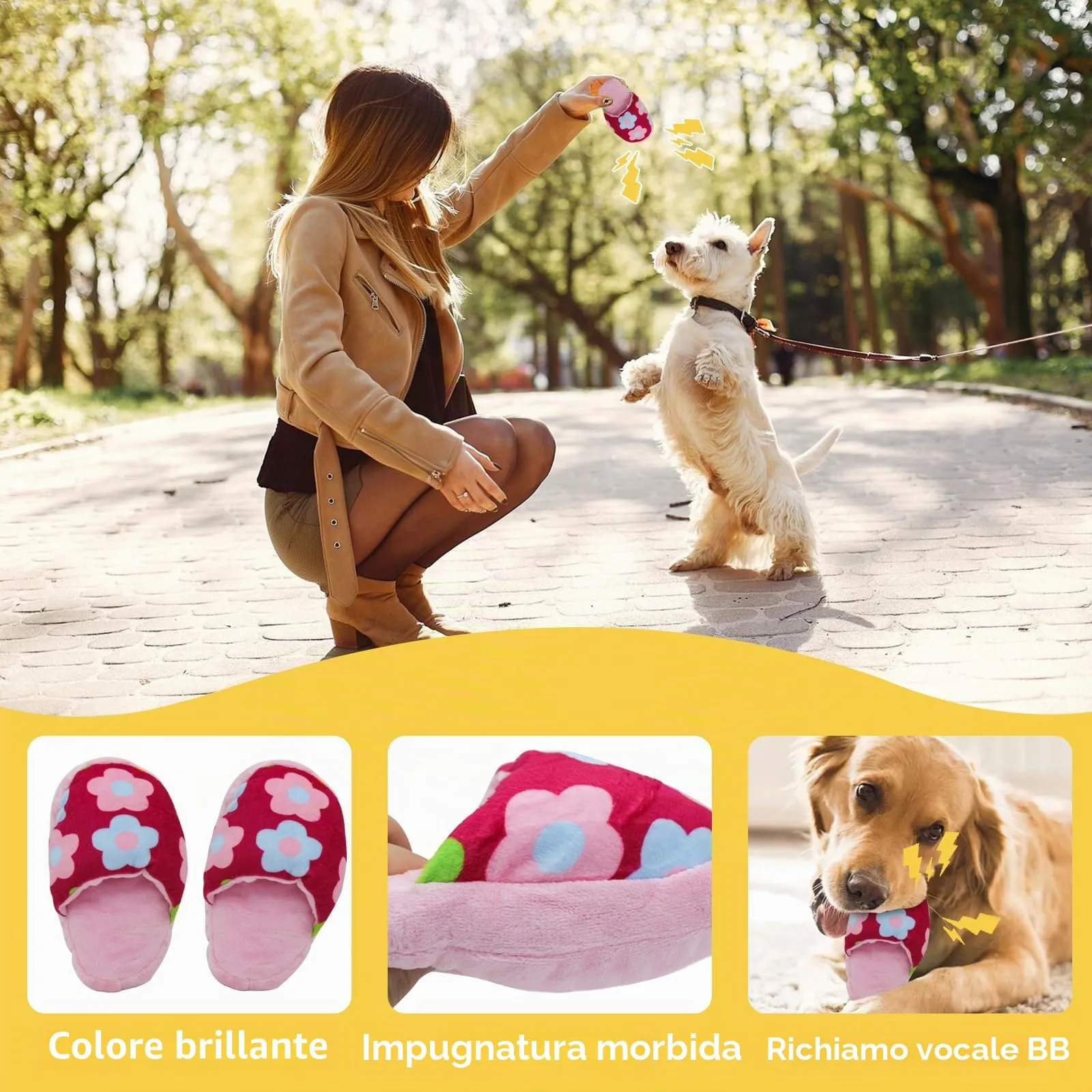 FuninCrea Giocattolo in peluche per cani e cuccioli di taglia media, a forma di pantofolini, Fiori - immagine 3