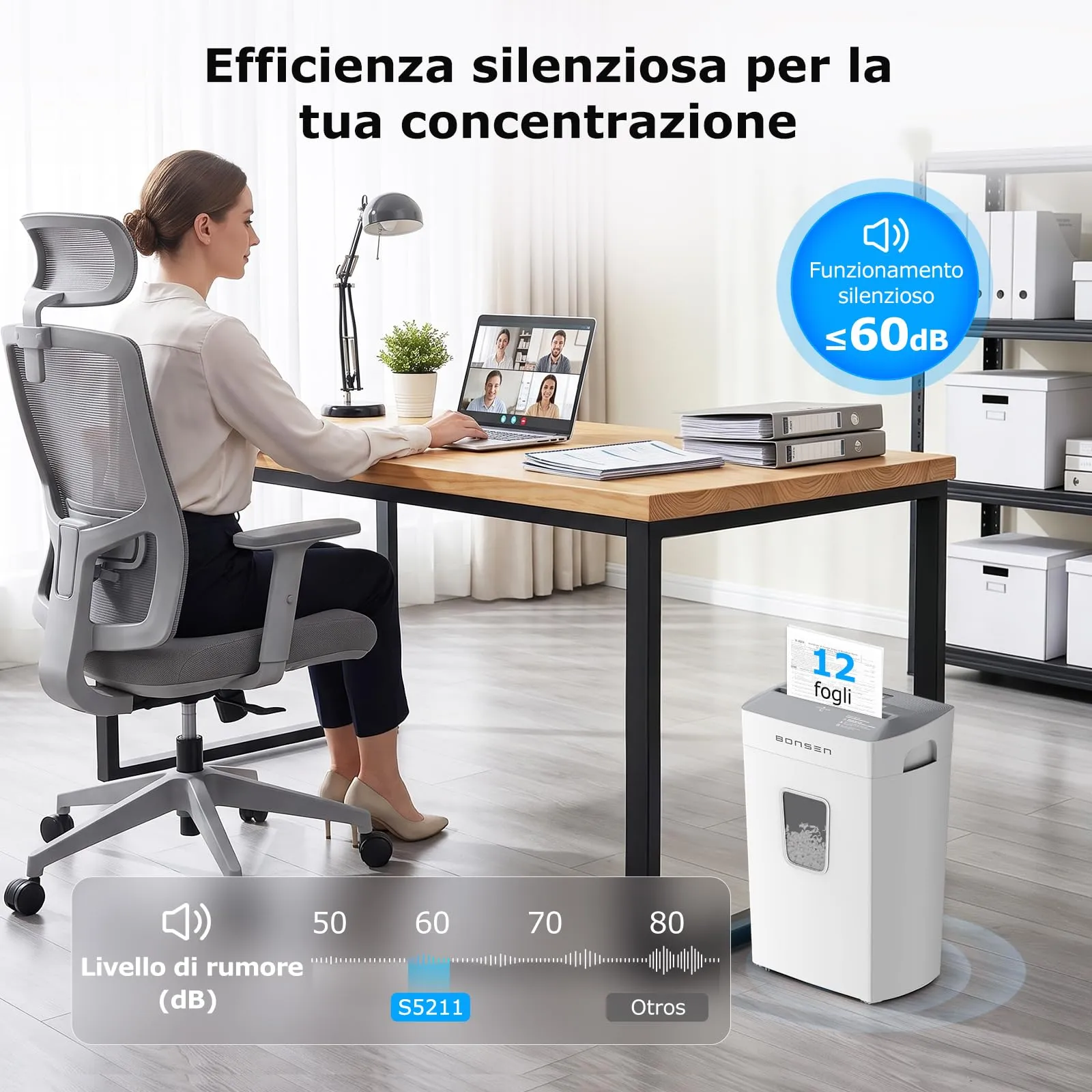 BONSEN Distruggidocumenti Microframmento 12 Fogli, S5211-W, Bianco - immagine 2