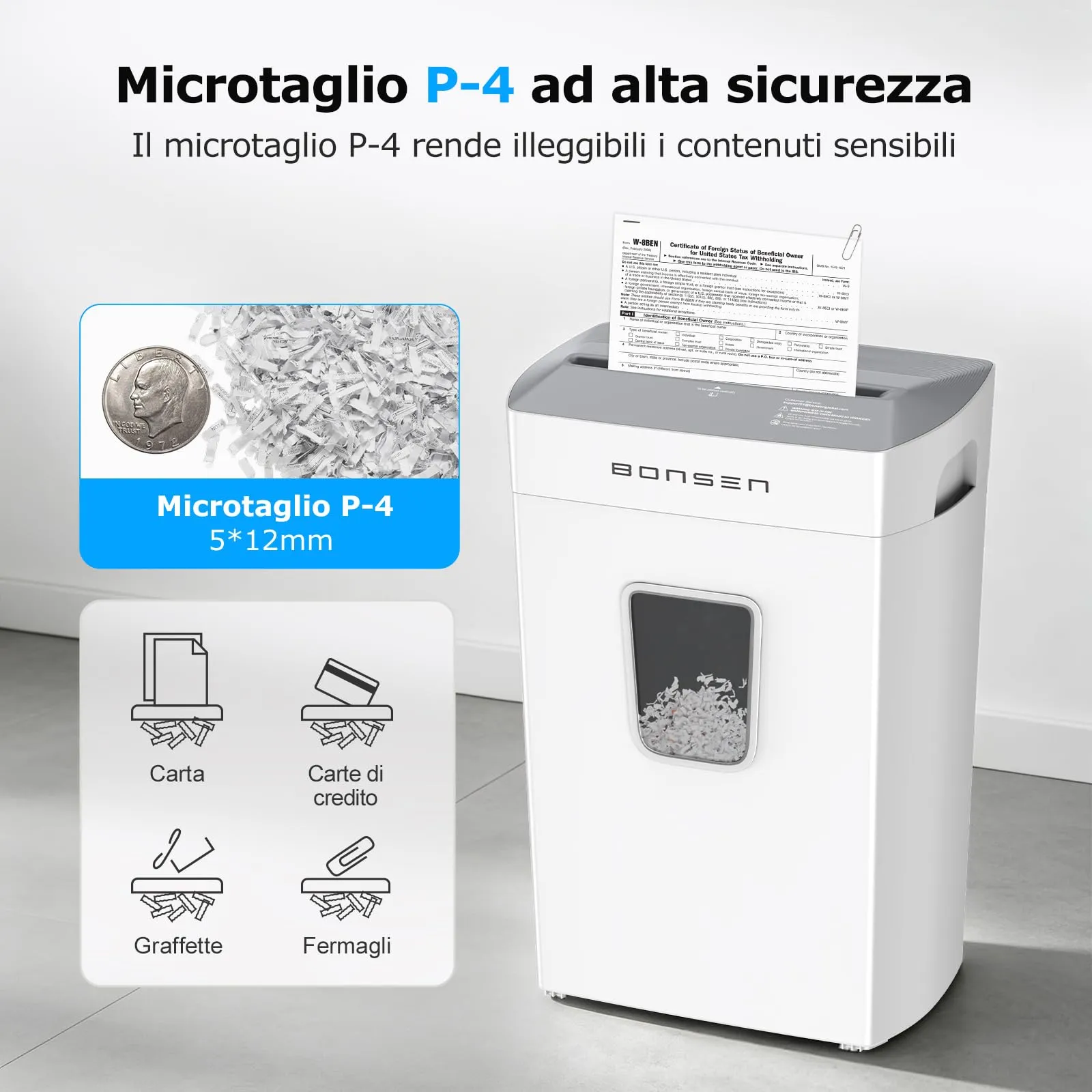 BONSEN Distruggidocumenti Microframmento 12 Fogli, S5211-W, Bianco - immagine 3
