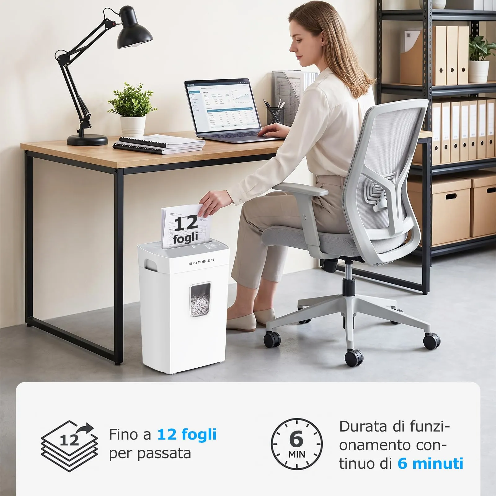BONSEN Distruggidocumenti Microframmento 12 Fogli, S5211-W, Bianco - immagine 4