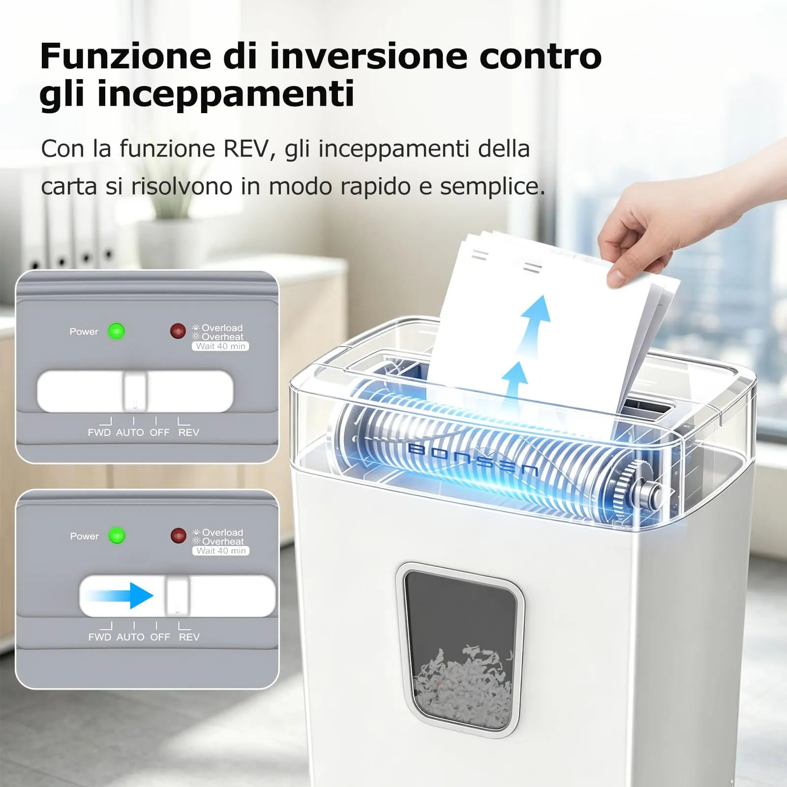 BONSEN Distruggidocumenti Microframmento 12 Fogli, S5211-W, Bianco - immagine 5