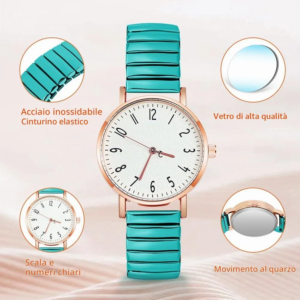 AOOSU Orologio Analogico da Donna con Cinturino in Metallo Elastico, Verde - immagine 3