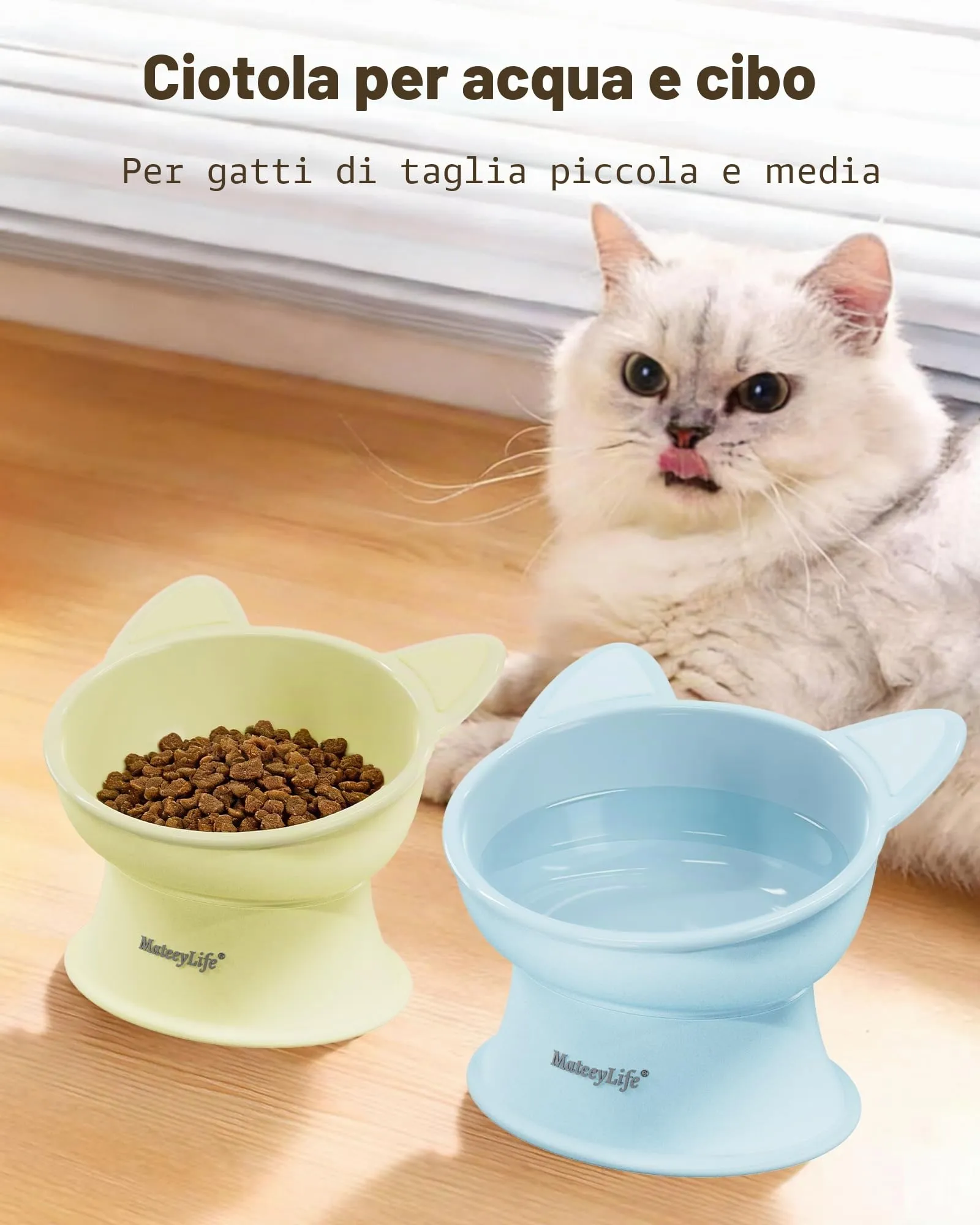 MateeyLife Ciotole per Gatti Rialzate, Set da 2, Blu & Giallo - immagine 3
