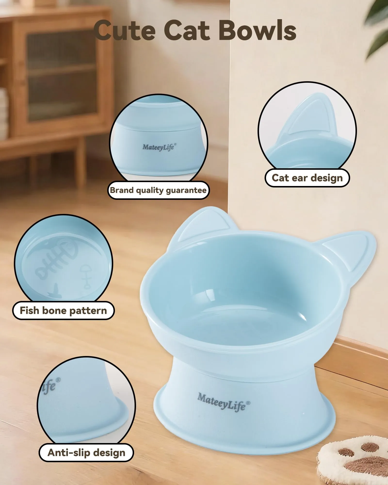 MateeyLife Ciotole per Gatti Rialzate, Set da 2, Blu & Giallo - immagine 5