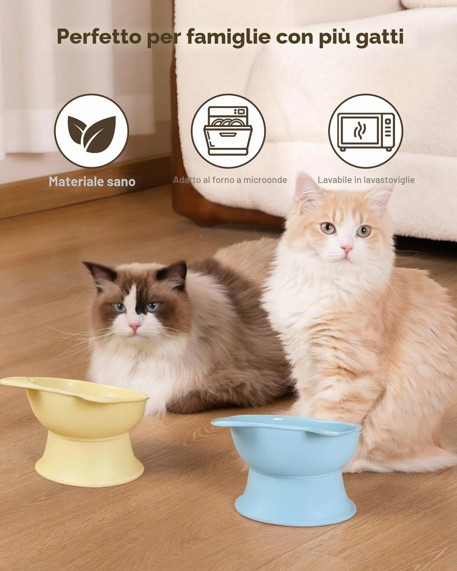MateeyLife Ciotole per Gatti Rialzate, Set da 2, Blu & Giallo - immagine 8