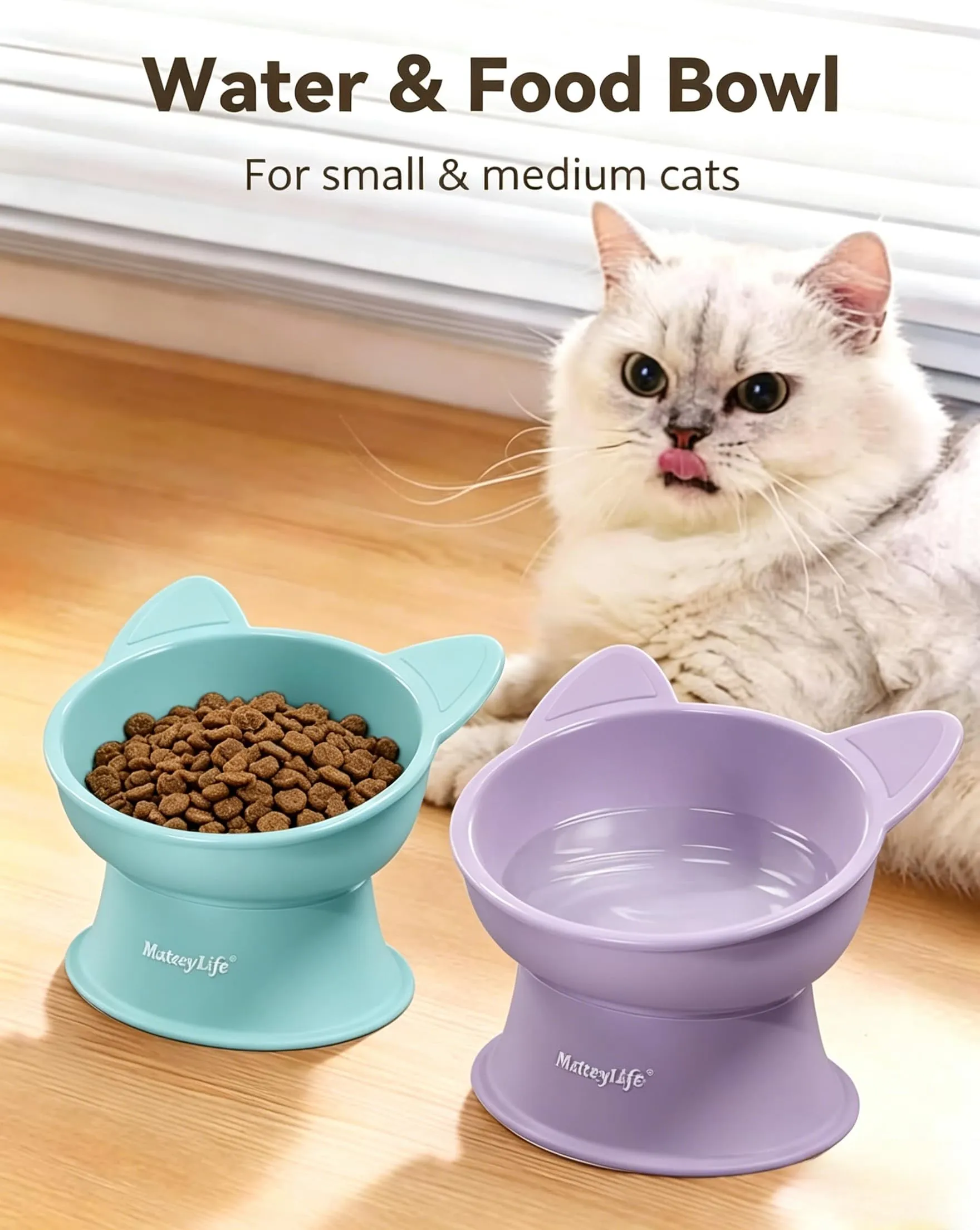 MateeyLife Ciotole per Gatti Rialzate, Set da 2 per Cibo e Acqua, Design Ergonomico Anti-Vomito e Anti-Affaticamento Baffi per Gatti e Cani di Piccola Taglia - immagine 6