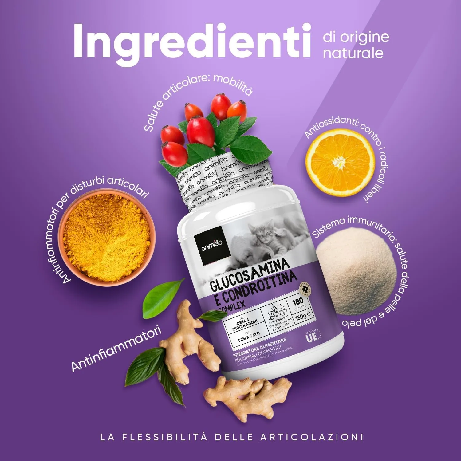 animigo Integratore Articolazioni per Cane e Gatto con Glucosamina, Condroitina, Vitamina C, Curcuma, Zenzero e Rosa Canina, 180 Capsule - immagine 3