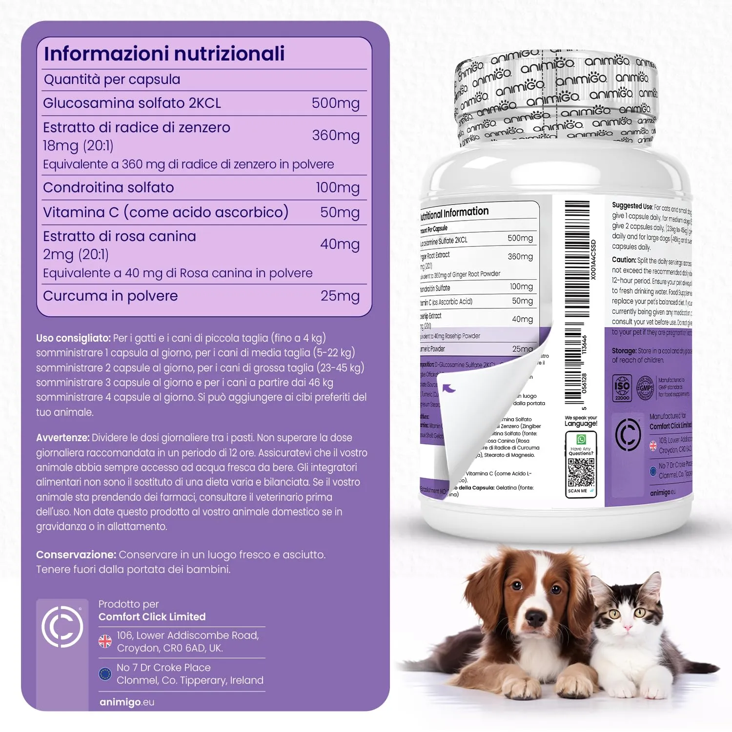 animigo Integratore Articolazioni per Cane e Gatto con Glucosamina, Condroitina, Vitamina C, Curcuma, Zenzero e Rosa Canina, 180 Capsule - immagine 6