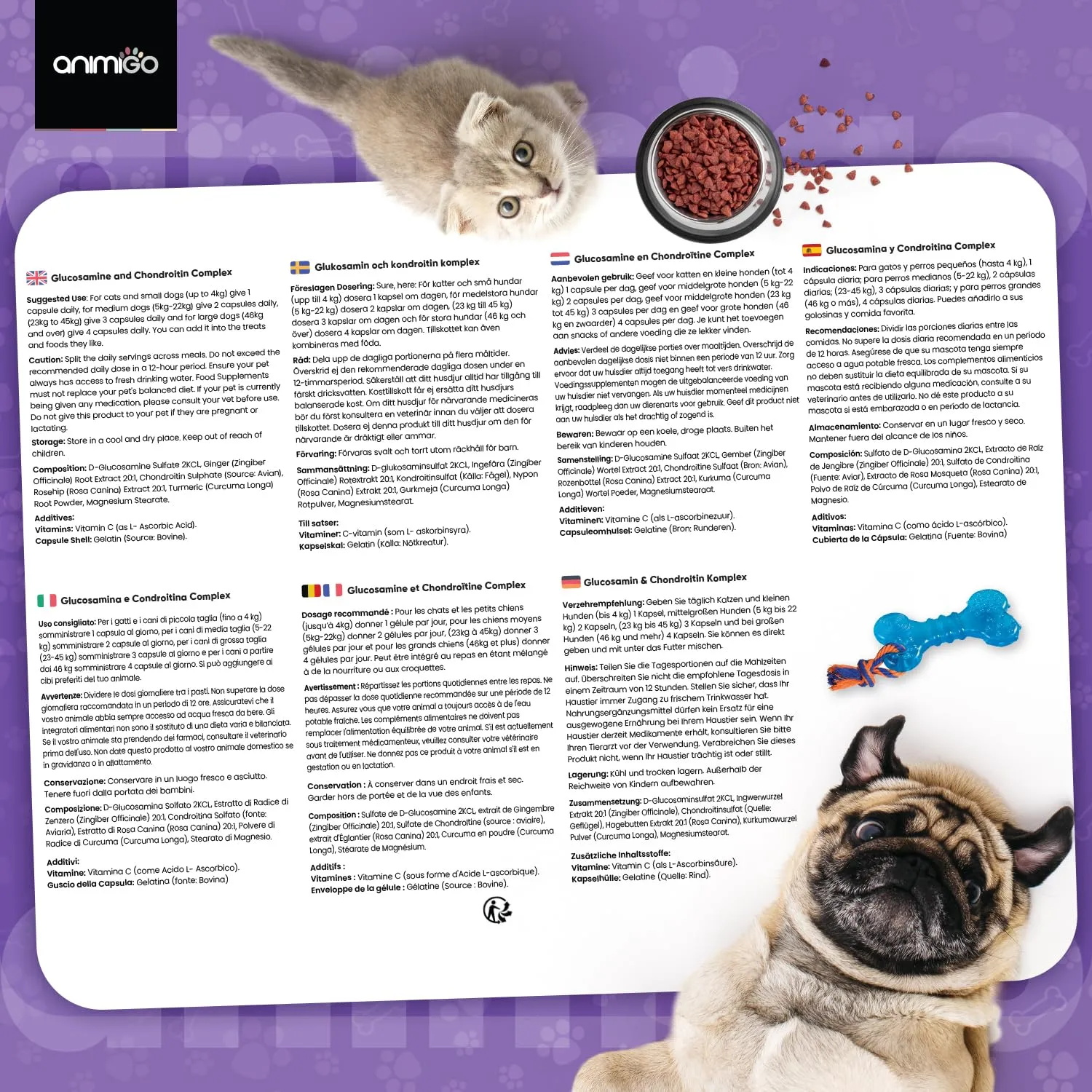 animigo Integratore Articolazioni per Cane e Gatto con Glucosamina, Condroitina, Vitamina C, Curcuma, Zenzero e Rosa Canina, 180 Capsule - immagine 7