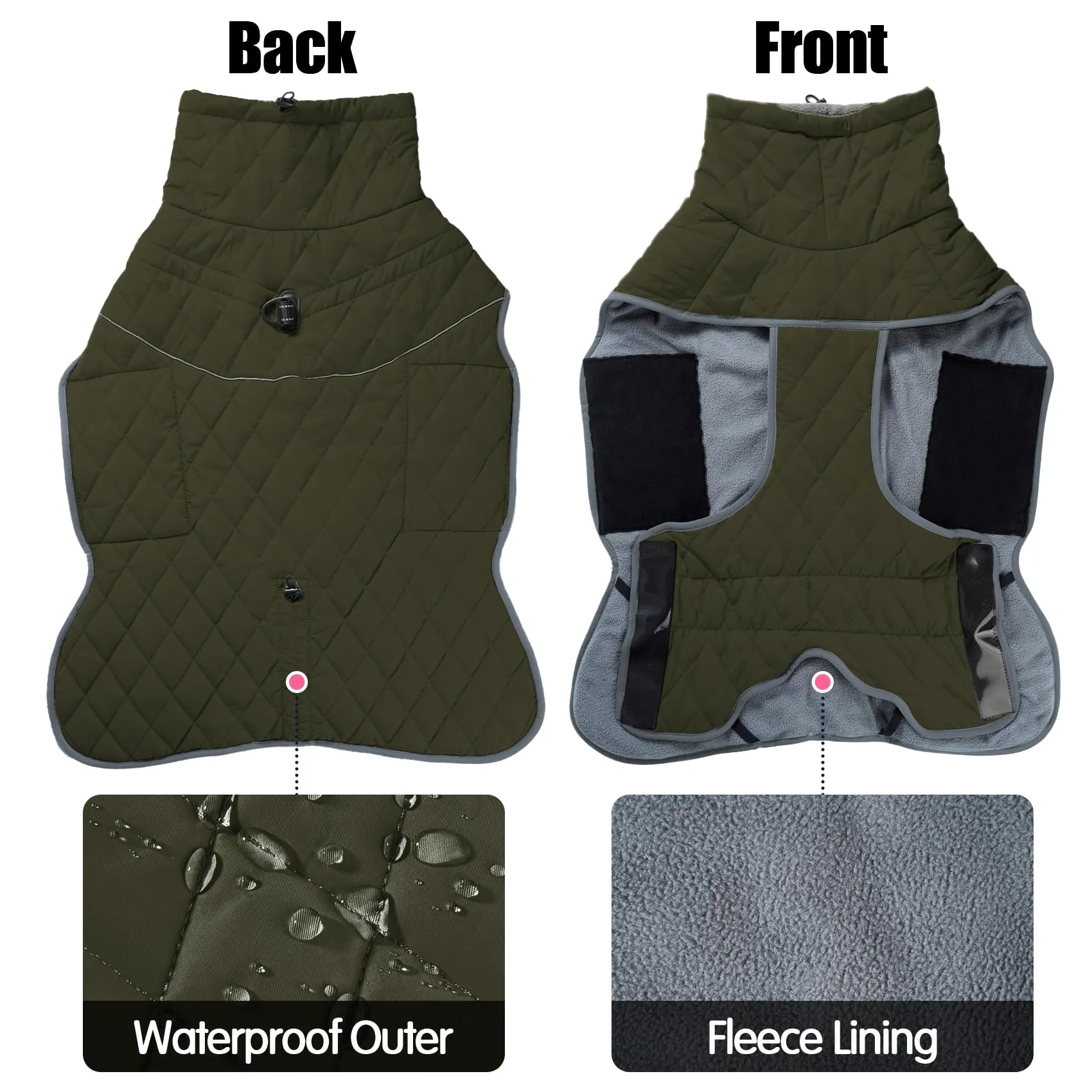 HEYWEAN Cappotto invernale impermeabile per cani foderato in pile con D-Ring e strisce riflettenti, Verde, Taglia XXXL - immagine 4