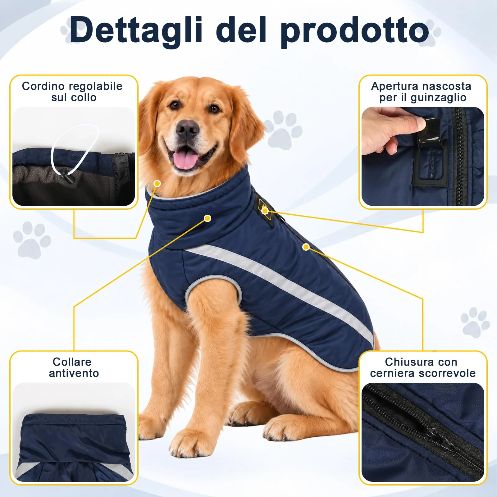 FEimaX Cappotto Invernale per Cani, Giacca Impermeabile Antivento e Riflettente in Pile con Foro per Imbracatura, Blu Navy, 5XL - immagine 3