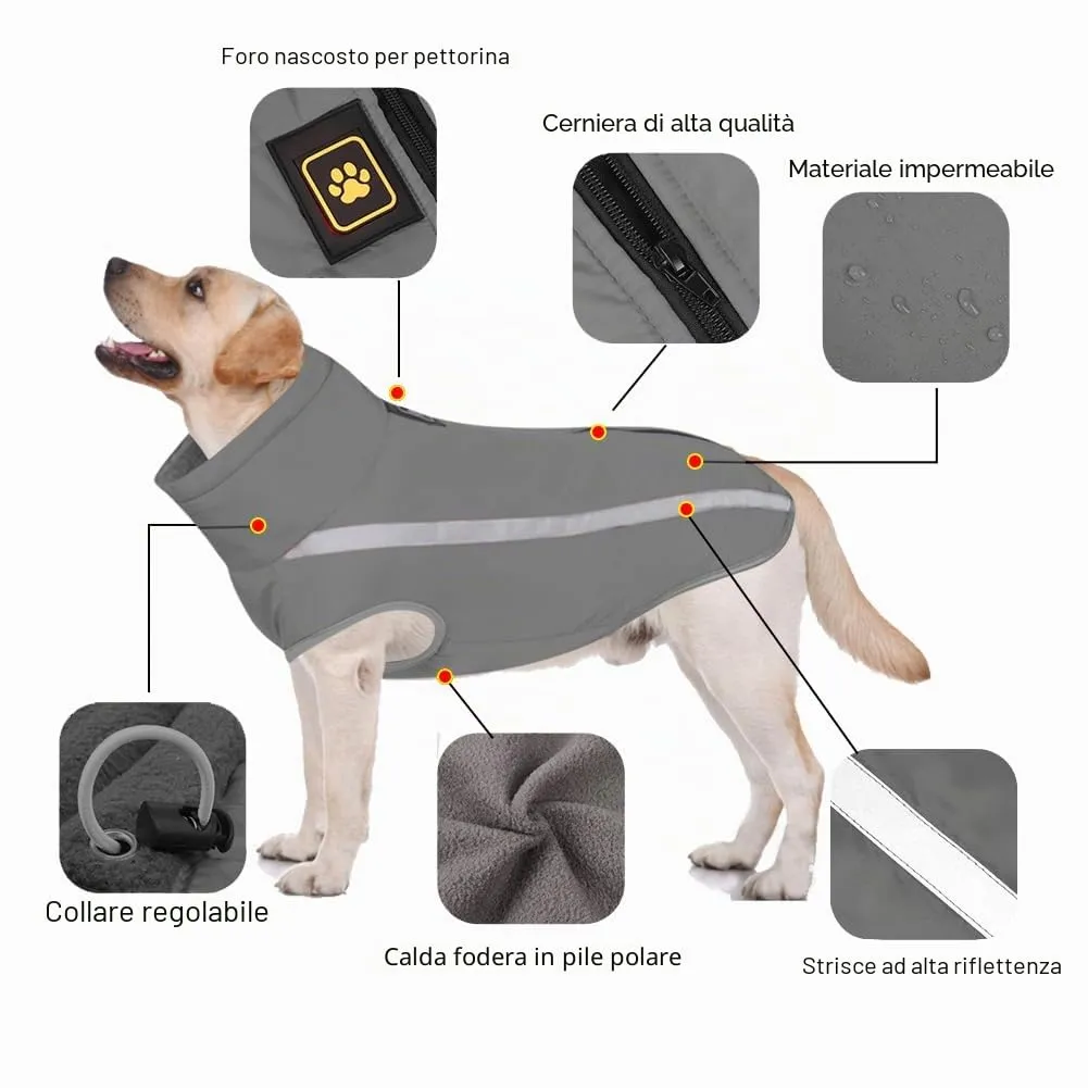 FEimaX Cappotto Invernale per Cani, Giacca Impermeabile Antivento Riflettente in Pile con Foro per Imbracatura, Grigio, 5XL - immagine 3