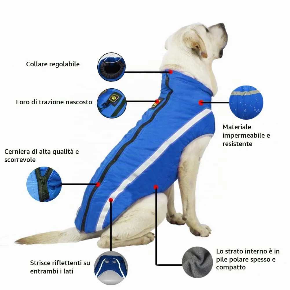 FEimaX Cappotto Invernale per Cani, Giacca Impermeabile Antivento e Riflettente in Pile con Foro per Imbracatura, Blu, 3XL - immagine 3