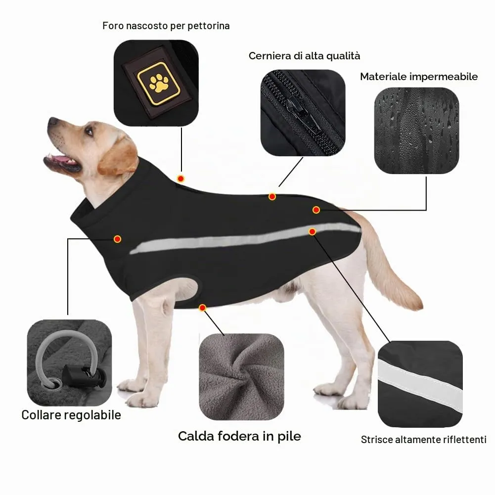 FEimaX Cappotto Invernale per Cani, Giacca Impermeabile Antivento e Riflettente in Pile con Foro per Imbracatura, Nero, 6XL - immagine 3