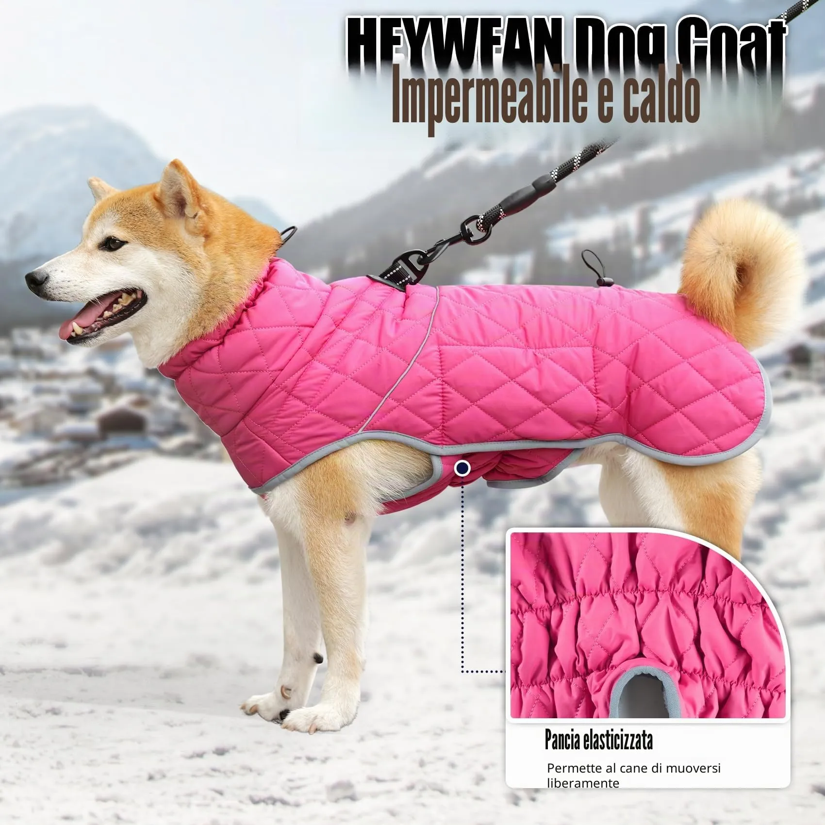 HEYWEAN Cappotto per cani impermeabile invernale foderato in pile riflettente con D-Ring, Rosa, XL - immagine 5