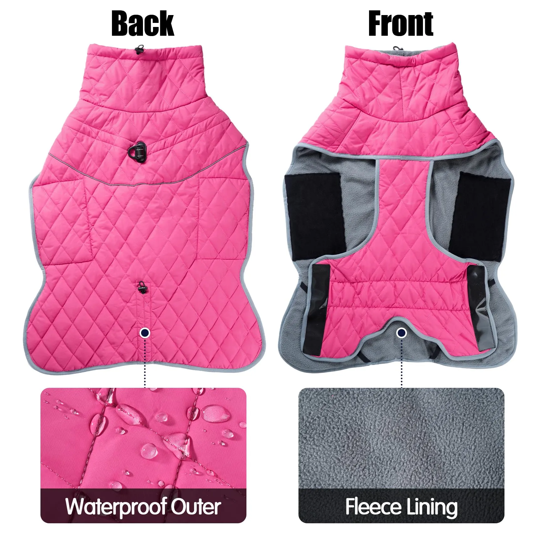 HEYWEAN Cappotto Invernale Impermeabile per Cani, Foderato in Pile con D-Ring e Strisce Riflettenti, Rosa, XXXL - immagine 4