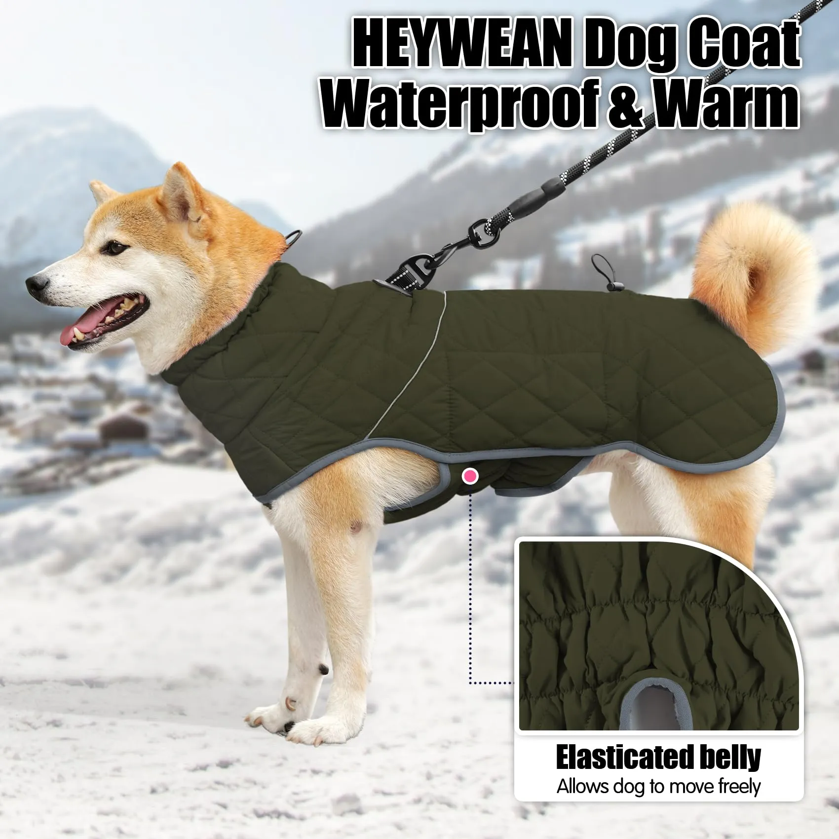 HEYWEAN Cappotto invernale impermeabile per cani, foderato in pile con D-Ring e strisce riflettenti, Verde, Taglia L - immagine 5