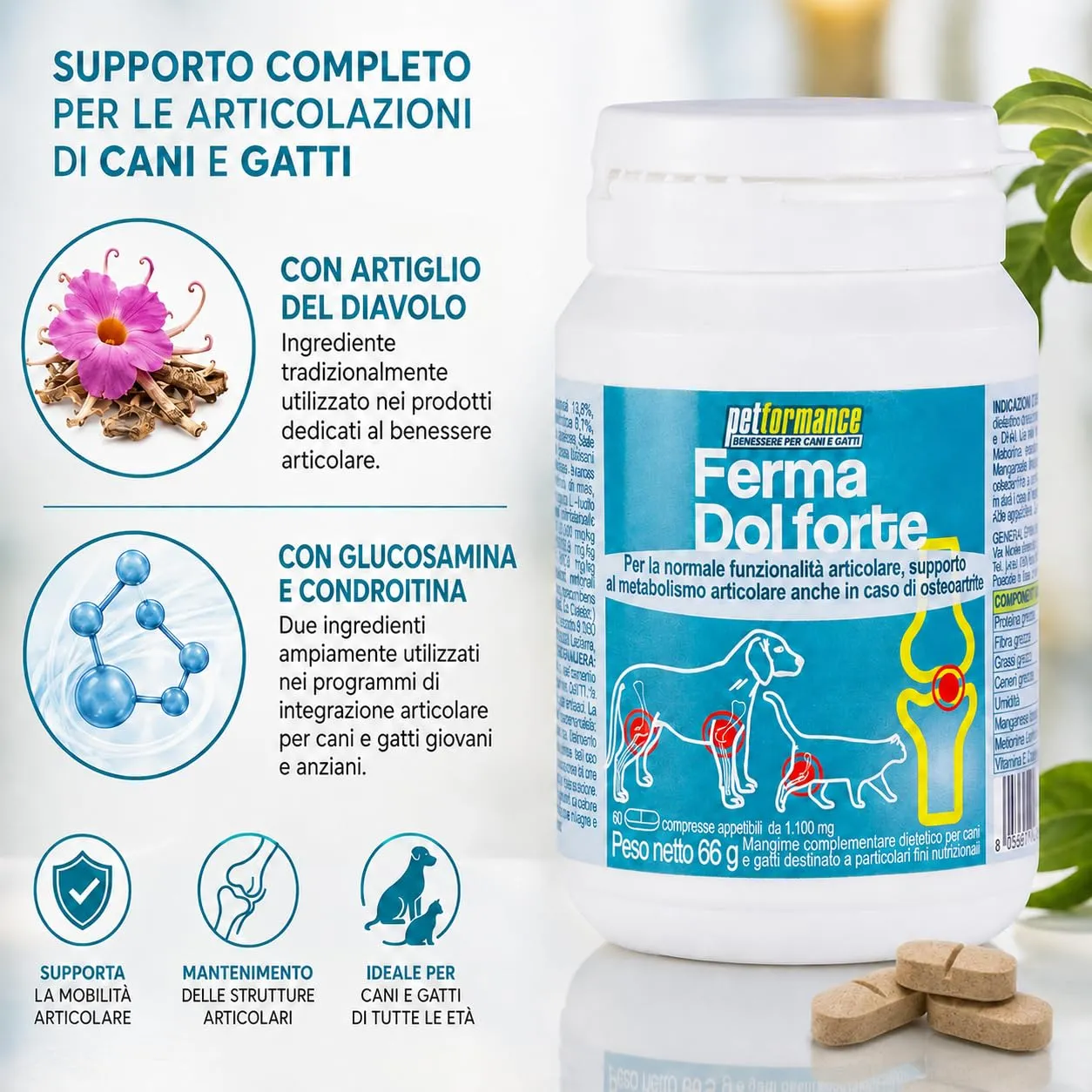 Petformance Fermadol Forte Integratore Articolazioni Cane e Gatto con Glucosamina, Condroitina e Artiglio del Diavolo - 60cps - immagine 3