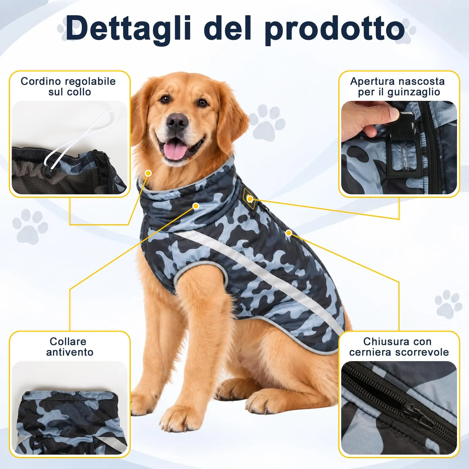 FEimaX Cappotto Invernale per Cani Impermeabile e Antivento con Interno in Pile e Foro per Imbracatura, Riflettente, Camouflage, Taglia 6XL - immagine 3