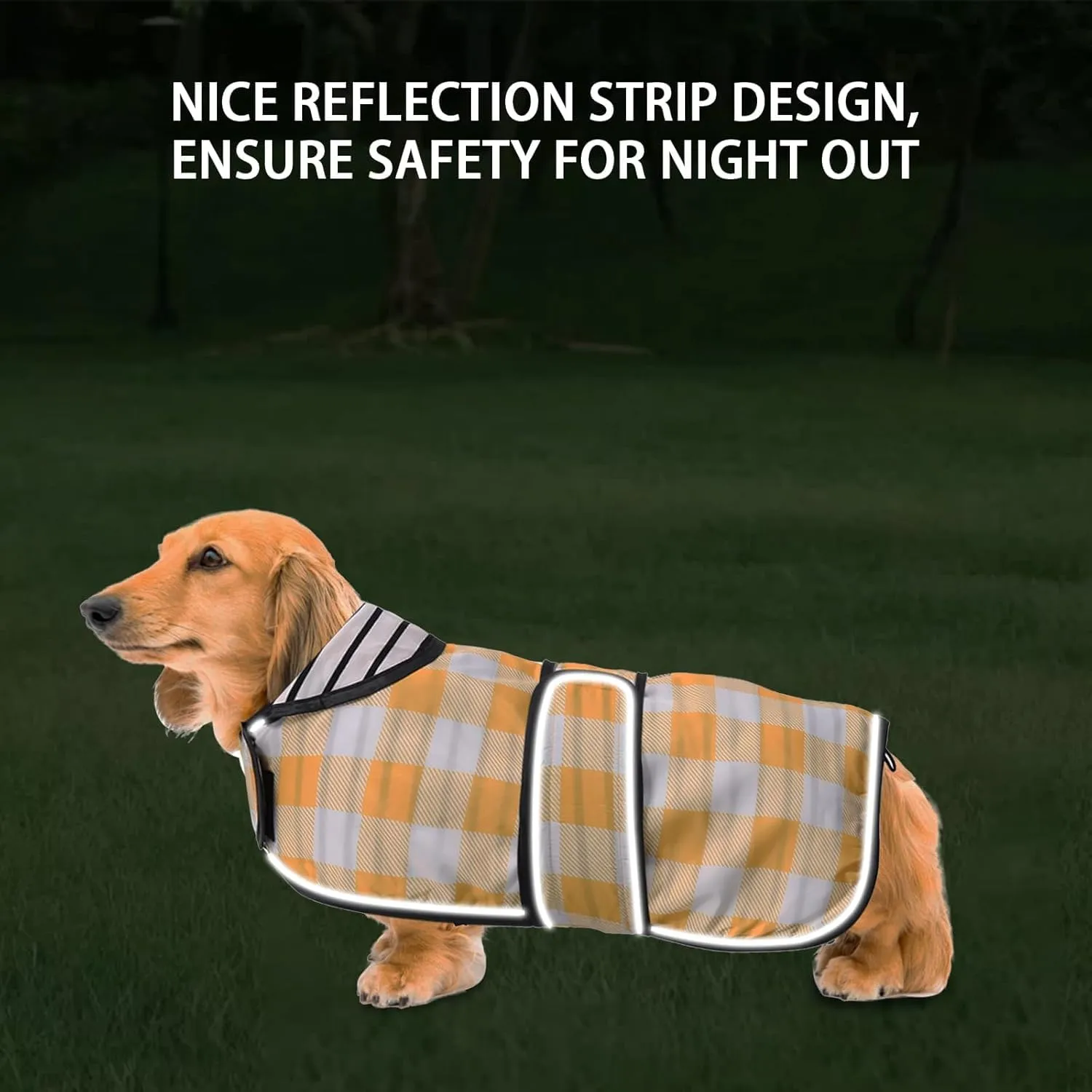 Geyecete Cappotto Impermeabile per Cani Bassotto con Spalline Riflettenti, Giallo a Scacchi, XL - immagine 5