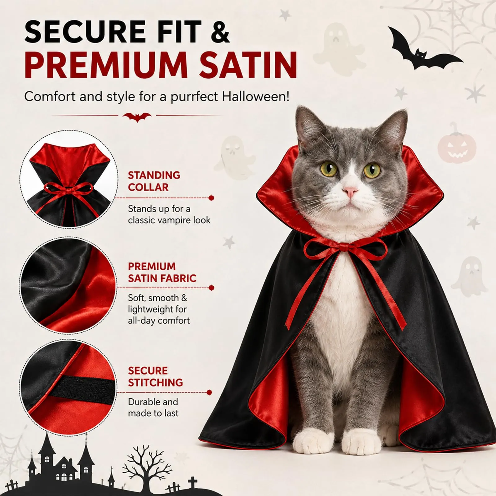 Huanmin Costume Halloween Vampiro Mantello Rosso Nero per Cani e Gatti, Taglia S - immagine 4