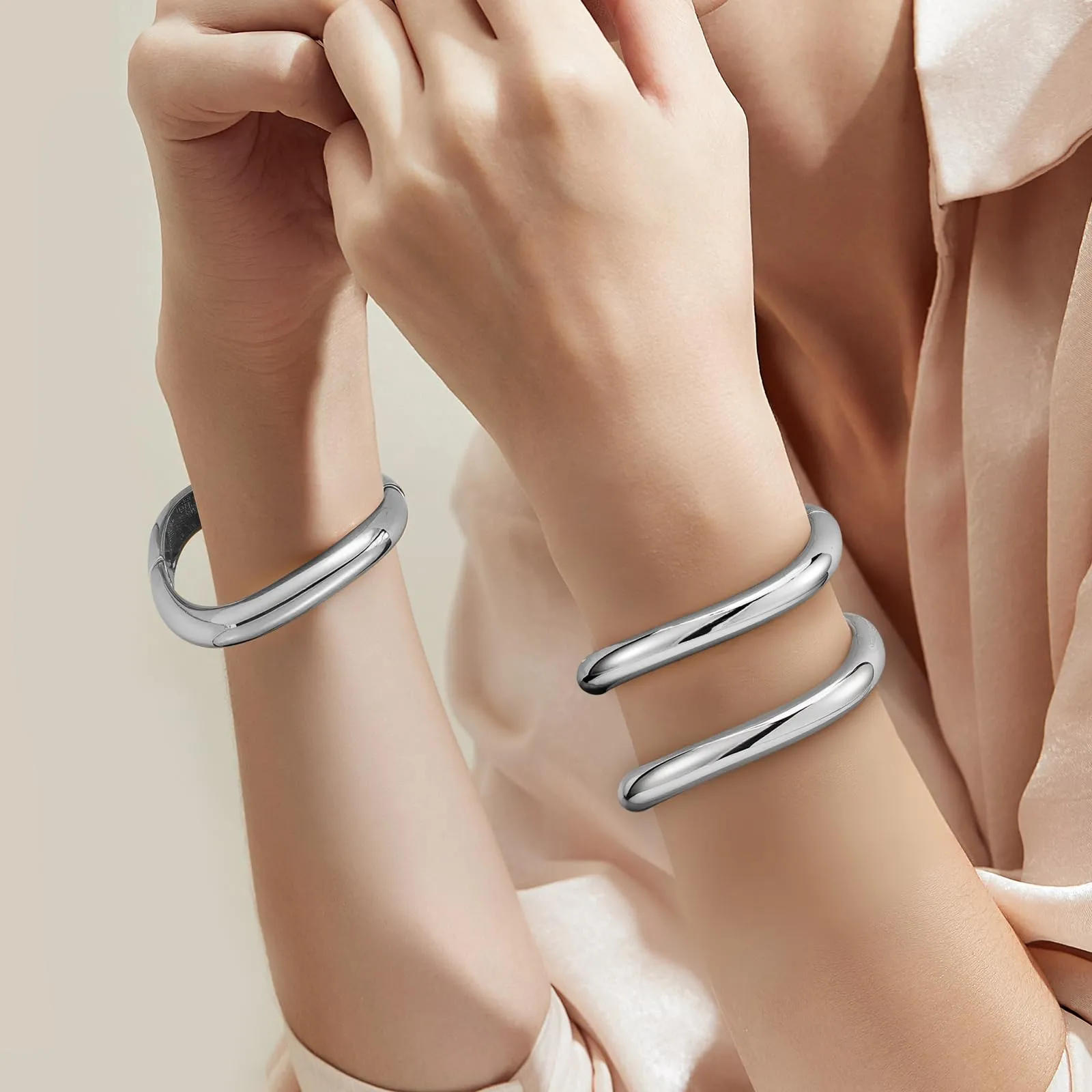 Emibele Bracciali Argentati da Donna, 3 Pezzi, Chunky Irregolari - immagine 6
