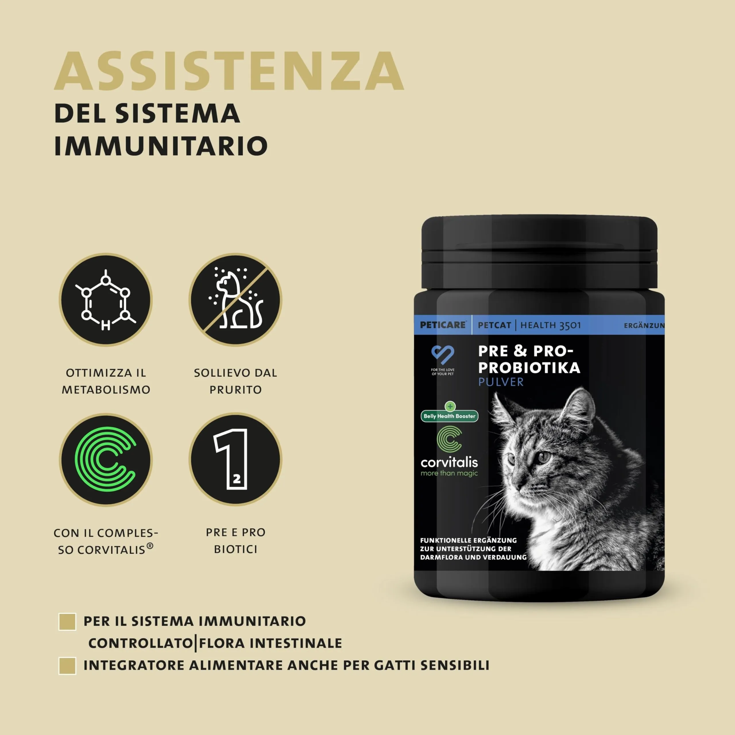 Peticare Polvere Flora Intestinale Gatti con Probiotici e Prebiotici, 400 g - immagine 2