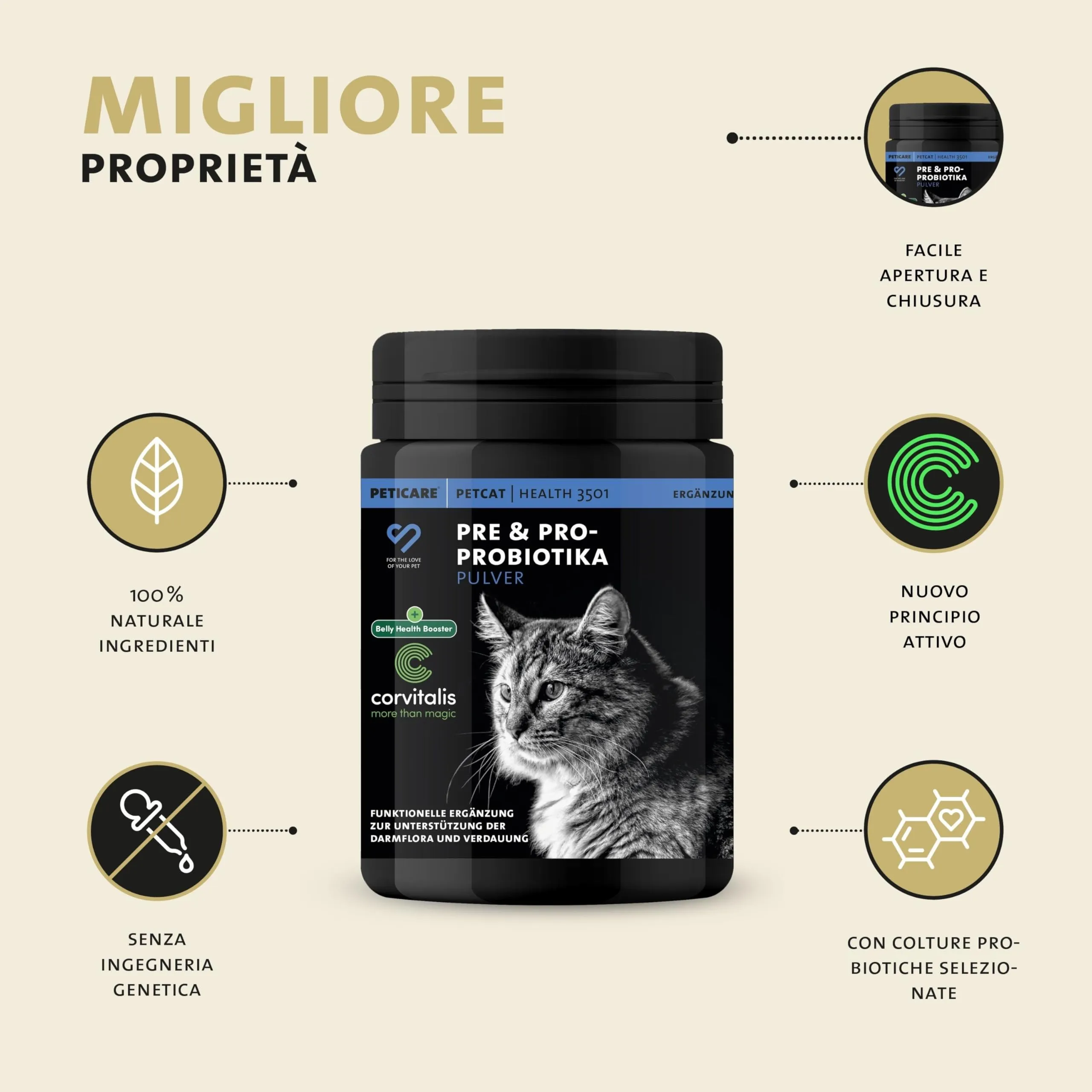 Peticare Polvere Flora Intestinale Gatti con Probiotici e Prebiotici, 400 g - immagine 4