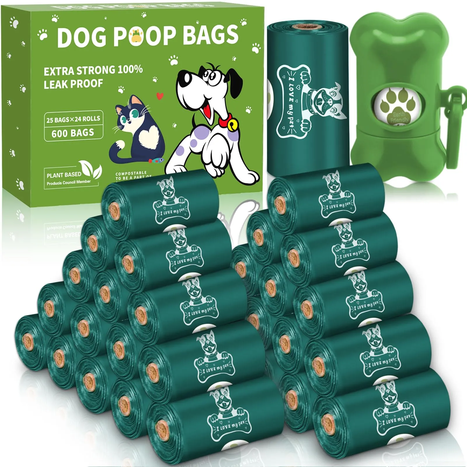 JEDWKFA Sacchetti per Cacca di Cane, 600 Pezzi, 24 Rotoli, con Dispenser, Verde Scuro - immagine 1