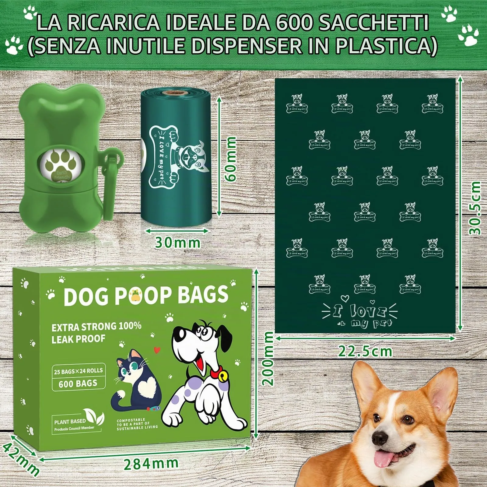 JEDWKFA Sacchetti per Cacca di Cane, 600 Pezzi, 24 Rotoli, con Dispenser, Verde Scuro - immagine 2