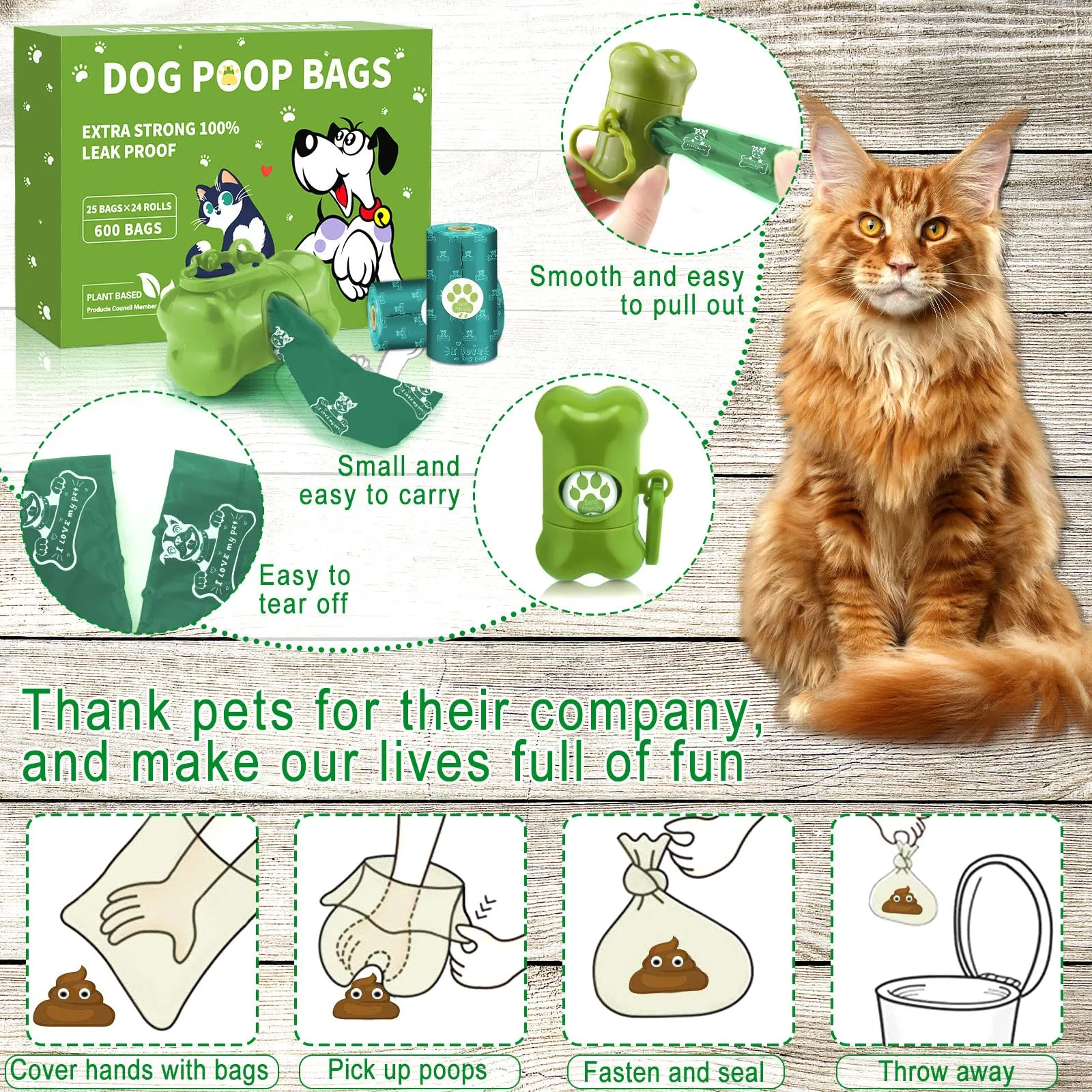 JEDWKFA Sacchetti per Cacca di Cane, 600 Pezzi, 24 Rotoli, con Dispenser, Verde Scuro - immagine 3
