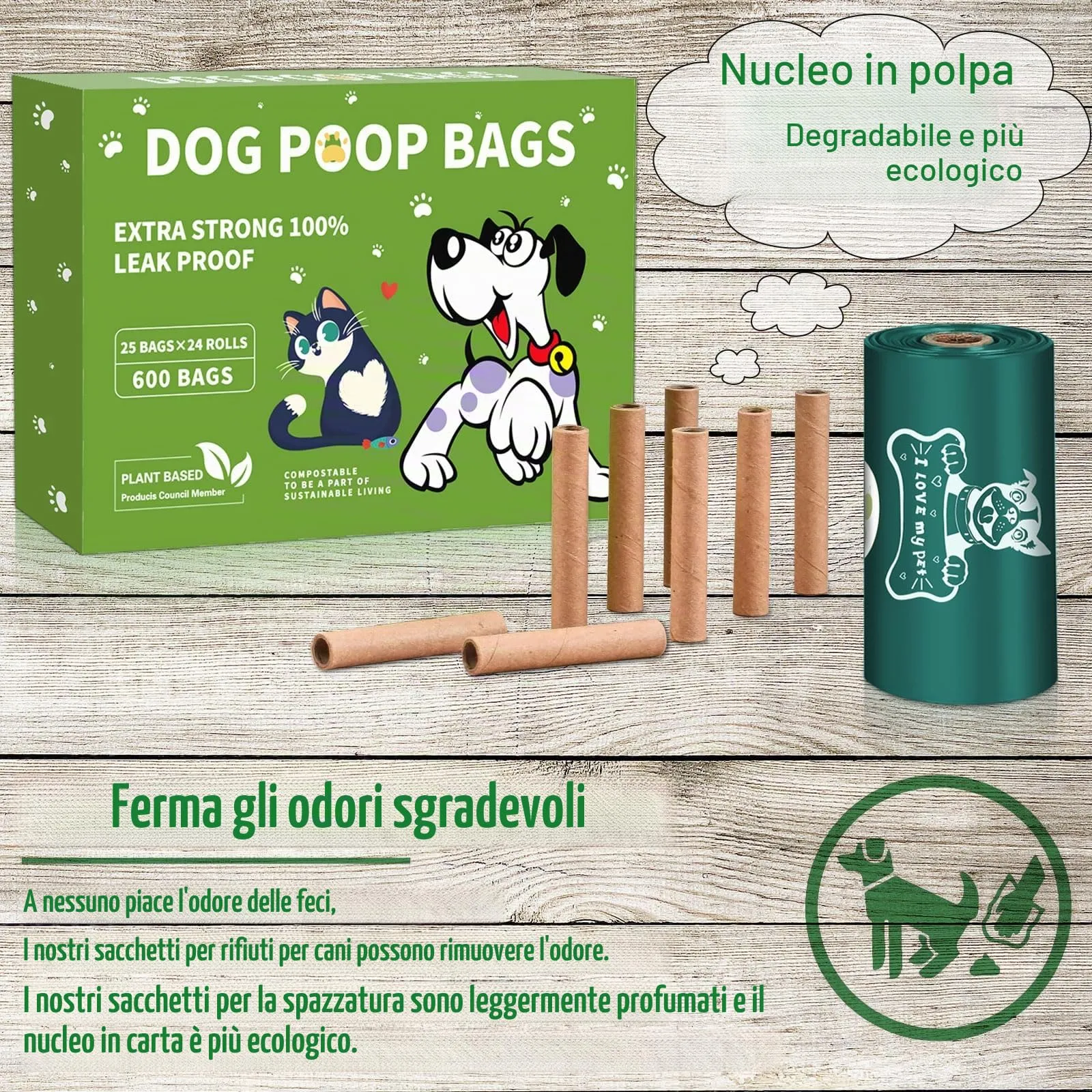 JEDWKFA Sacchetti per Cacca di Cane, 600 Pezzi, 24 Rotoli, con Dispenser, Verde Scuro - immagine 6