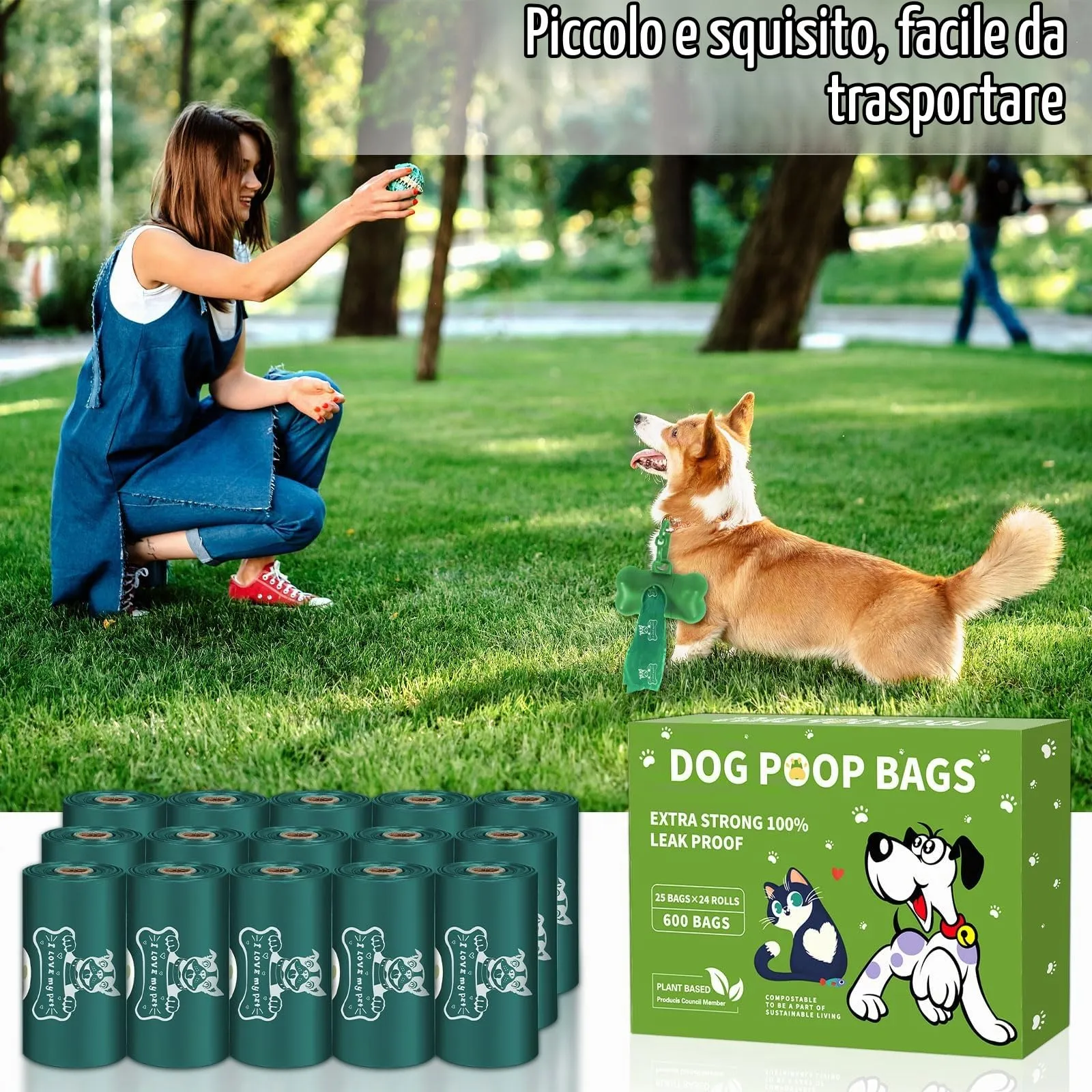 JEDWKFA Sacchetti per Cacca di Cane, 600 Pezzi, 24 Rotoli, con Dispenser, Verde Scuro - immagine 7