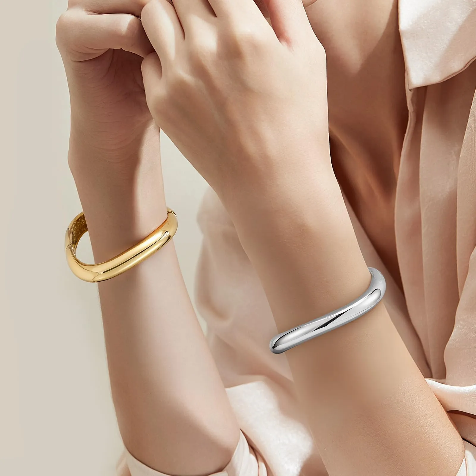 Emibele Bracciali Dorati e Argentati da Donna, 2 Pezzi, Chunky Irregolari - immagine 6