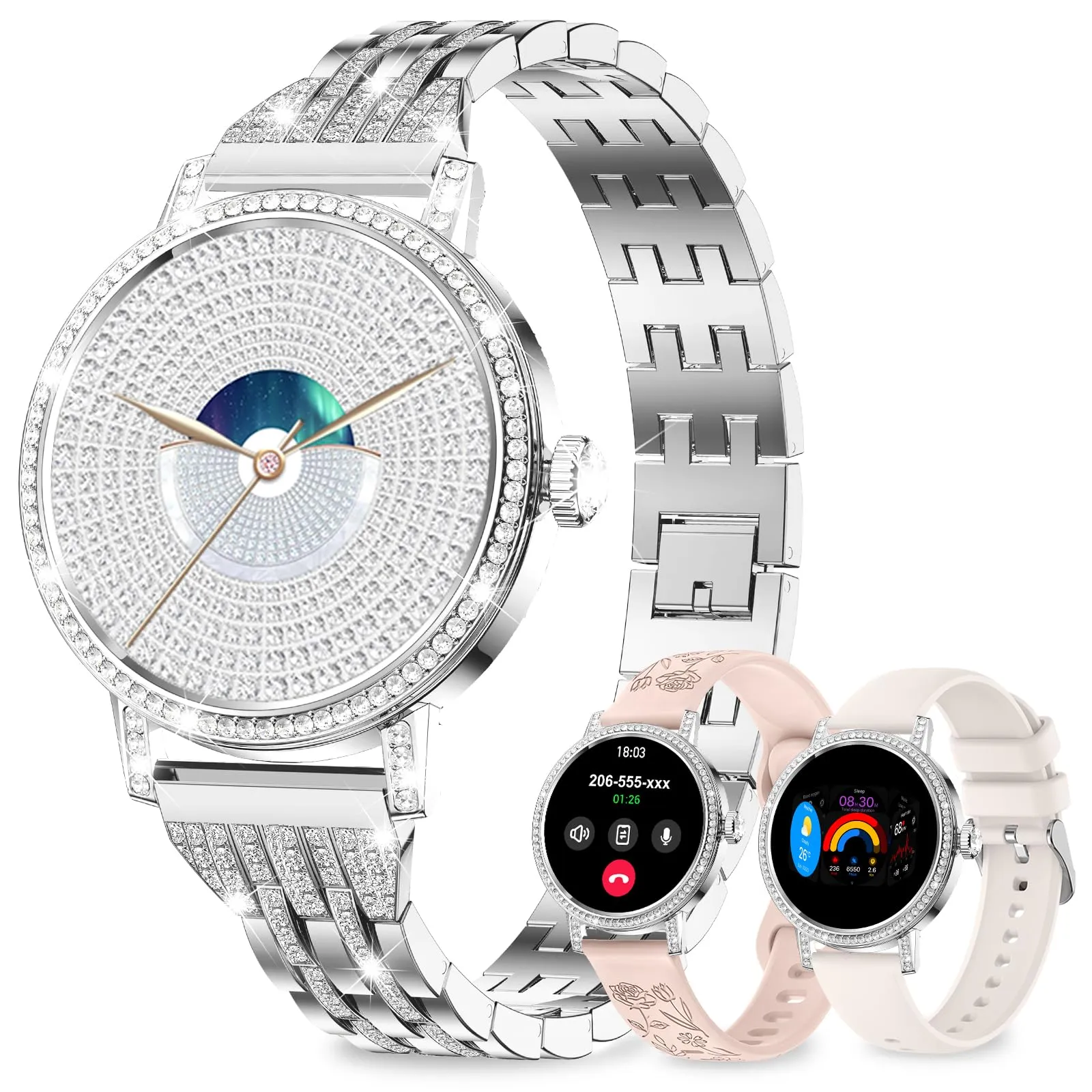 fitonyo Smartwatch Donna con Diamanti, 1.27" HD, Chiamate Bluetooth, 3 Cinturini, SpO2, Pressione, Sonno, Passi, Calorie, IP68, 120+ Modalità Sportive, Argento - immagine 1
