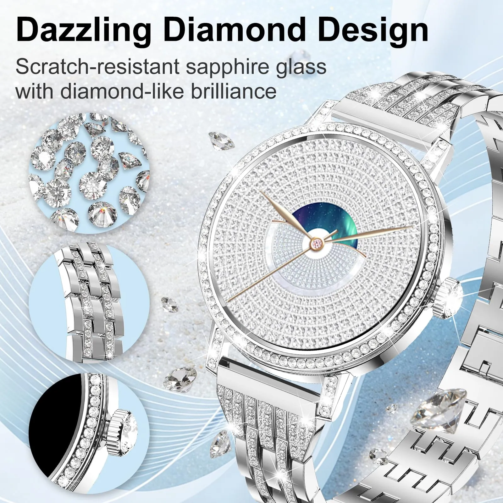 fitonyo Smartwatch Donna con Diamanti, 1.27" HD, Chiamate Bluetooth, 3 Cinturini, SpO2, Pressione, Sonno, Passi, Calorie, IP68, 120+ Modalità Sportive, Argento - immagine 2