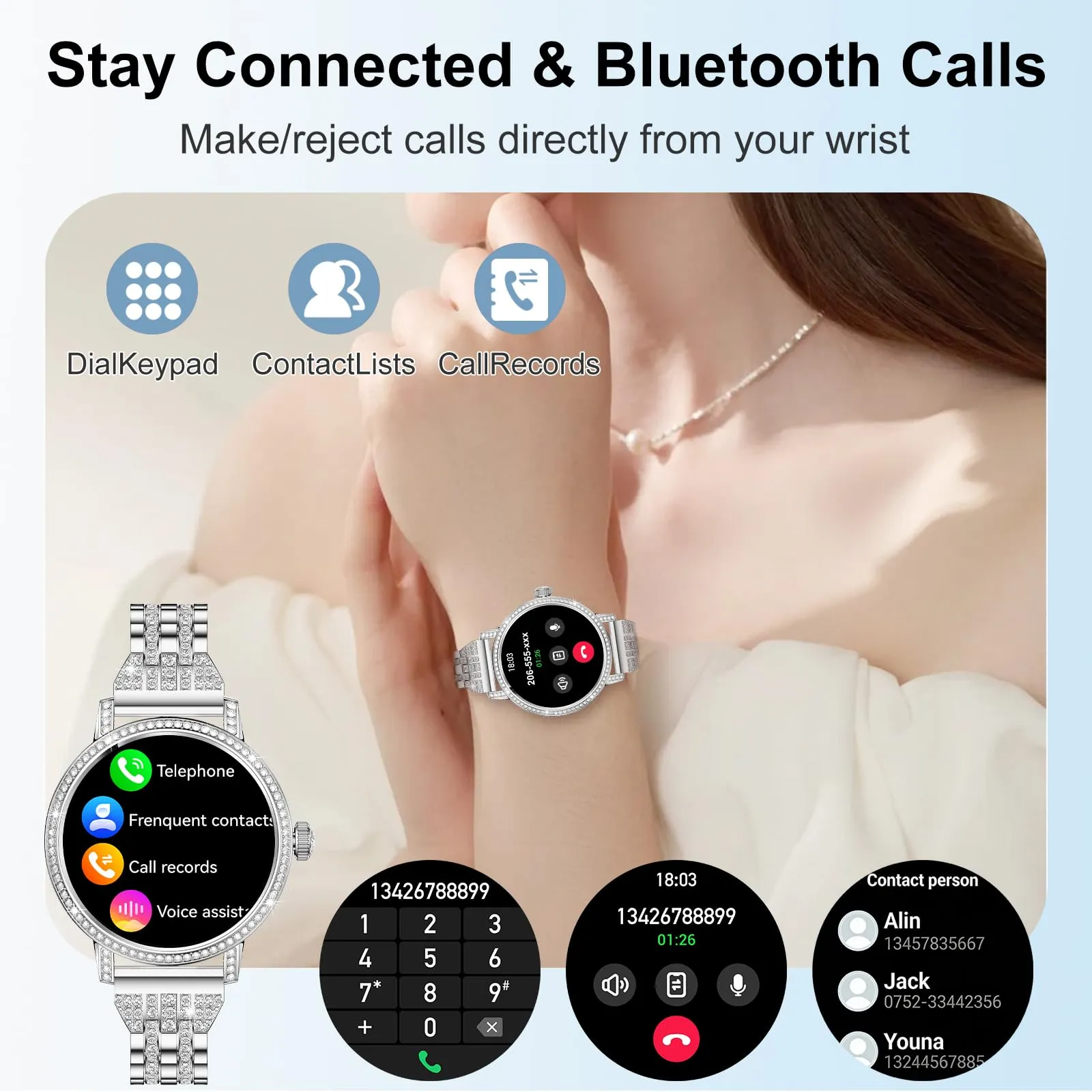 fitonyo Smartwatch Donna con Diamanti, 1.27" HD, Chiamate Bluetooth, 3 Cinturini, SpO2, Pressione, Sonno, Passi, Calorie, IP68, 120+ Modalità Sportive, Argento - immagine 3