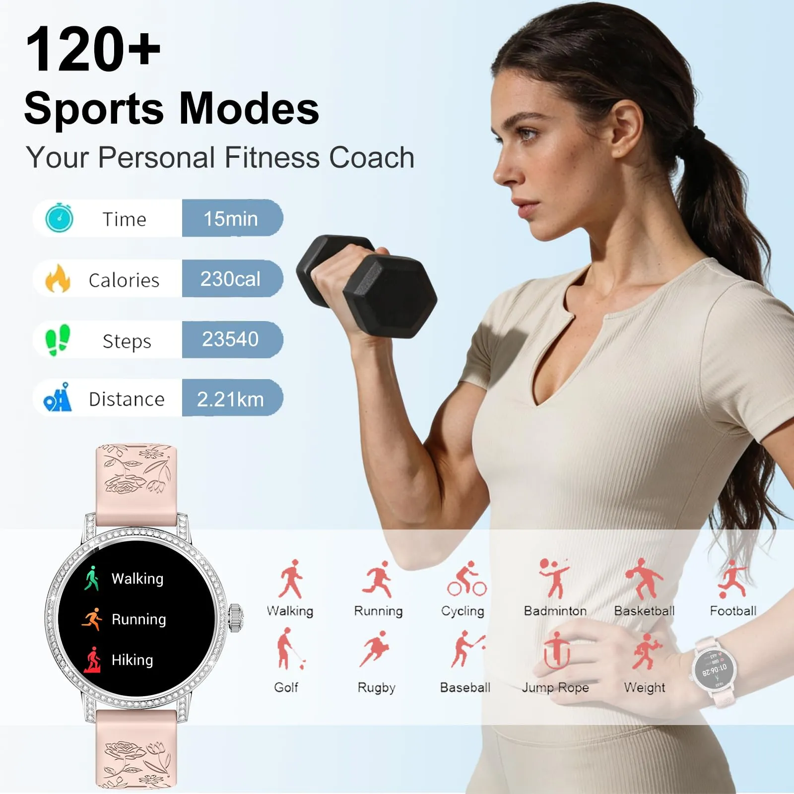 fitonyo Smartwatch Donna con Diamanti, 1.27" HD, Chiamate Bluetooth, 3 Cinturini, SpO2, Pressione, Sonno, Passi, Calorie, IP68, 120+ Modalità Sportive, Argento - immagine 6