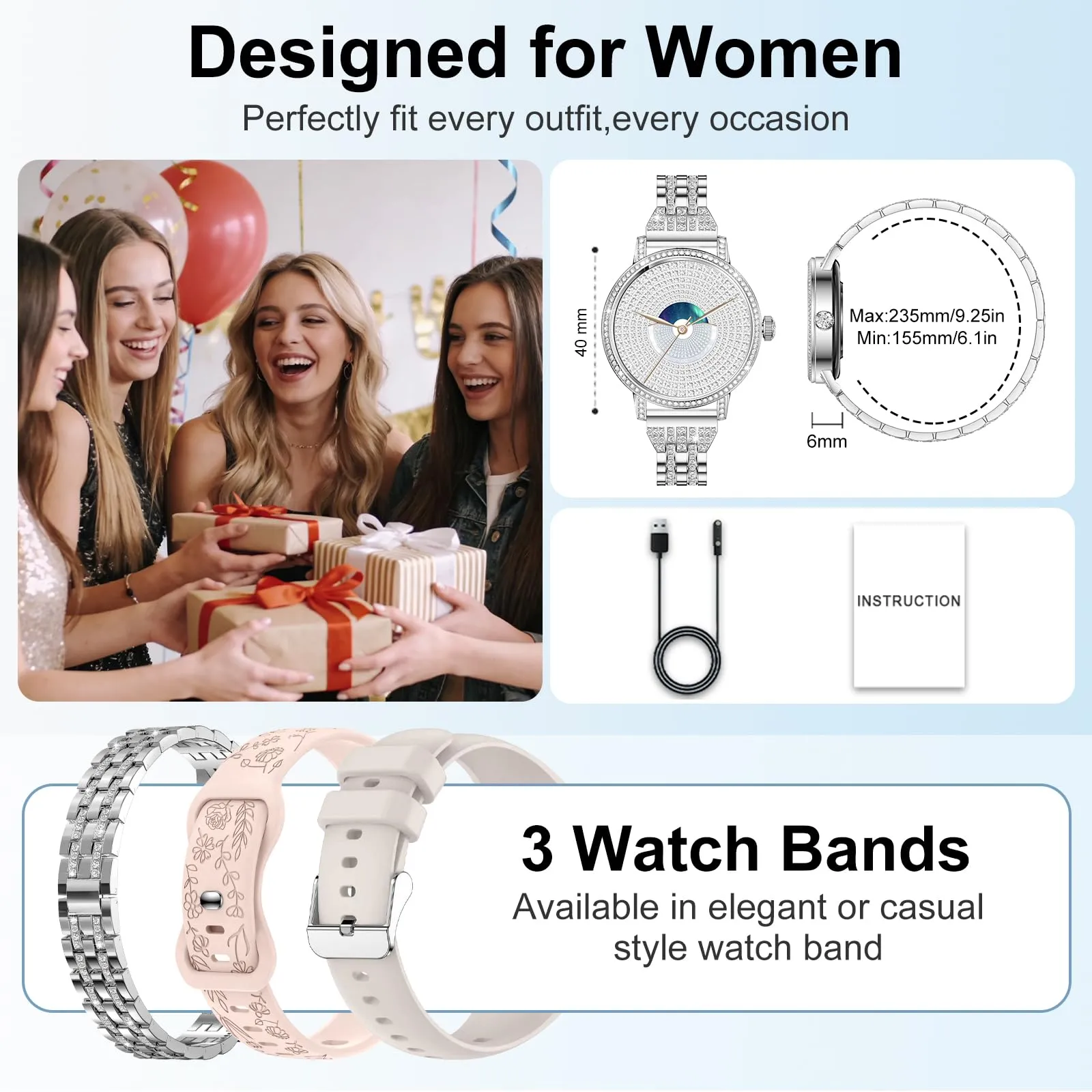 fitonyo Smartwatch Donna con Diamanti, 1.27" HD, Chiamate Bluetooth, 3 Cinturini, SpO2, Pressione, Sonno, Passi, Calorie, IP68, 120+ Modalità Sportive, Argento - immagine 8