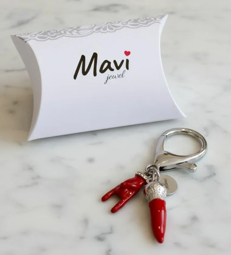 Mavi jewel Ciondolo Portafortuna con Cornetto Rosso, Charm in Argento con Cuore e Ferro di Cavallo, Accessorio Portachiavi Italiano - immagine 2