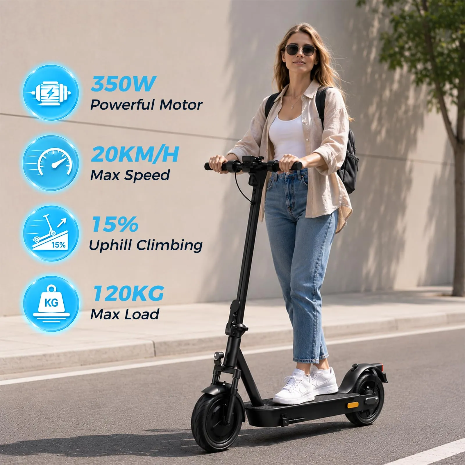 Zephyride V10 Monopattino Elettrico Adulto, 350W, Pneumatici 25,4 cm, Velocità 25km/h, Autonomia 45km, Doppio Freno a Tamburo, Pieghevole, Carico Massimo 120kg - immagine 2