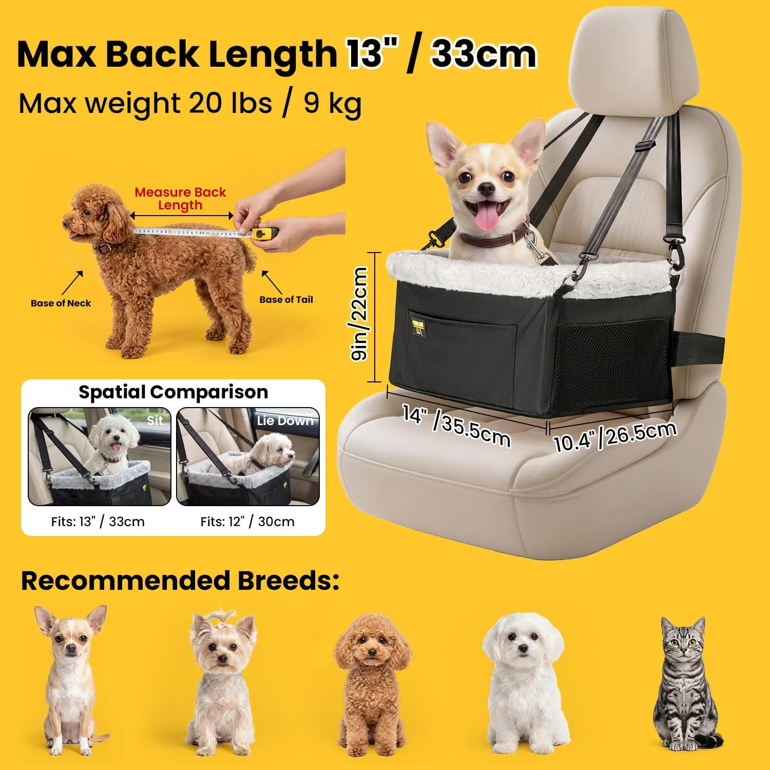 Conlun Seggiolino Auto per Cani e Gatti Piccola Taglia, Telaio in Acciaio, Fino a 9 kg (40x33x22 cm) - immagine 2