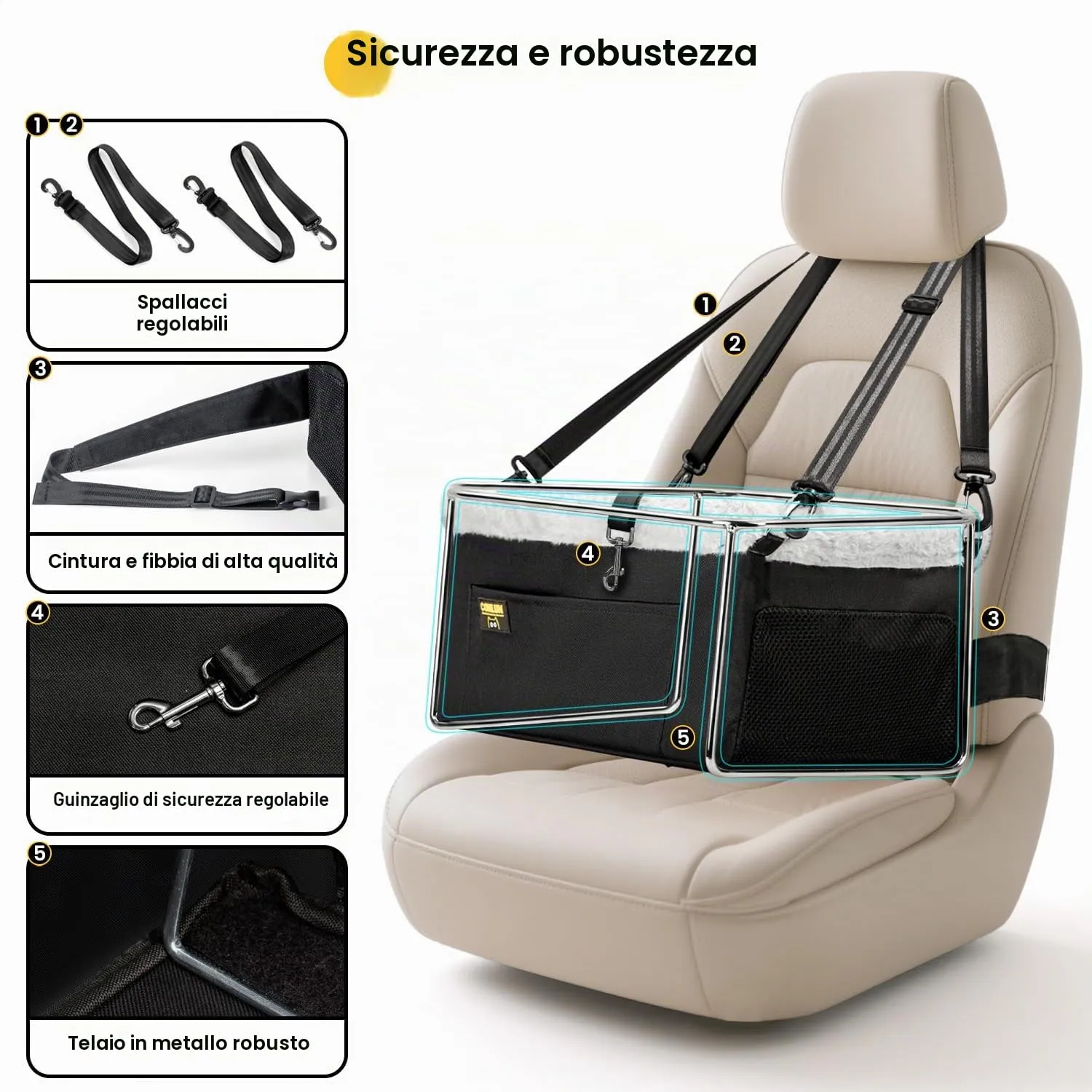 Conlun Seggiolino Auto per Cani e Gatti Piccola Taglia, Telaio in Acciaio, Fino a 9 kg (40x33x22 cm) - immagine 4