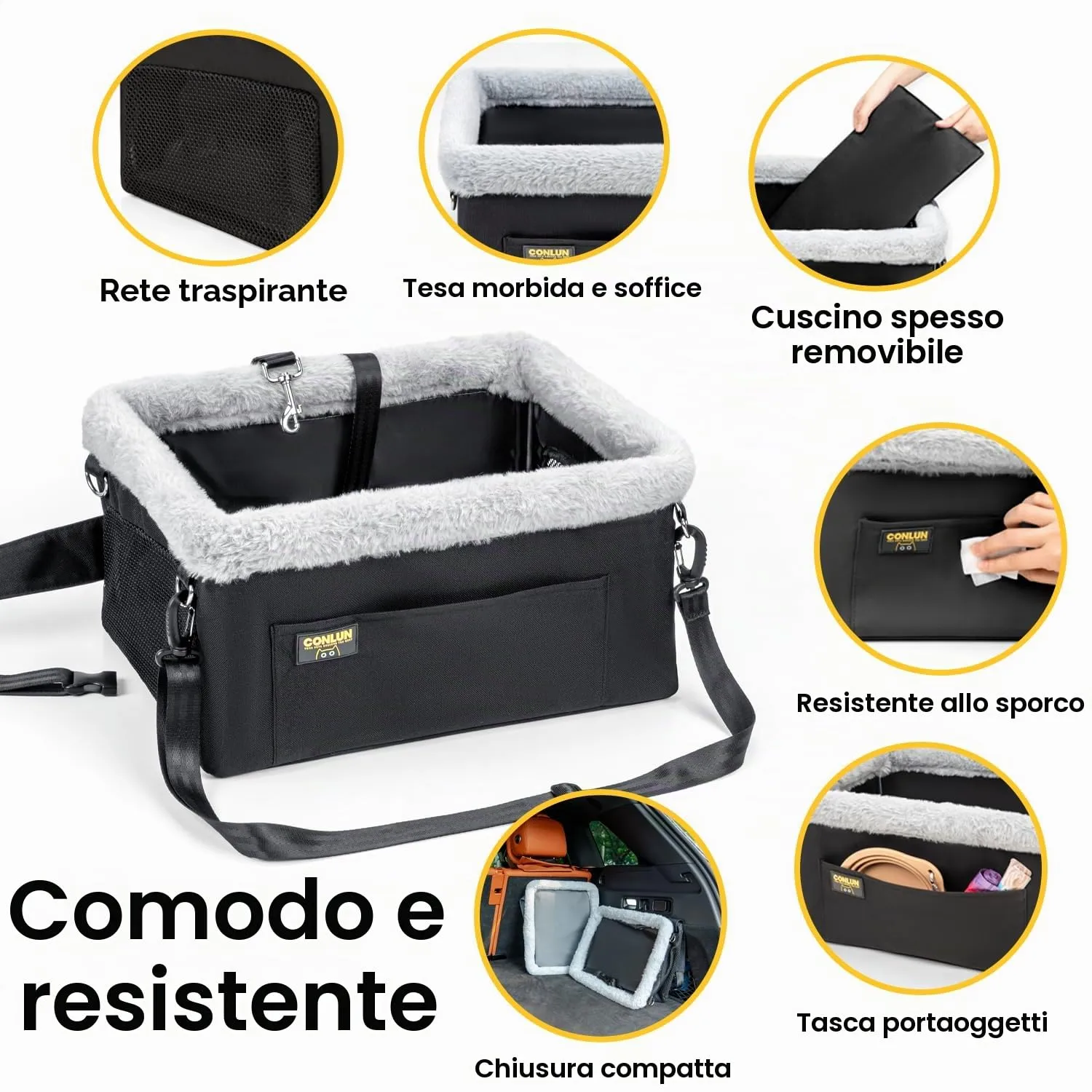 Conlun Seggiolino Auto per Cani e Gatti Piccola Taglia, Telaio in Acciaio, Fino a 9 kg (40x33x22 cm) - immagine 5