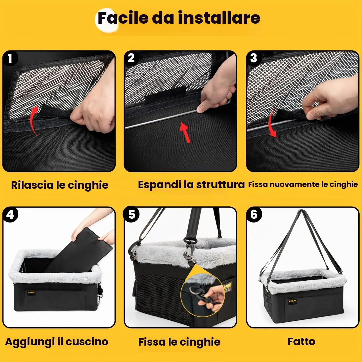 Conlun Seggiolino Auto per Cani e Gatti Piccola Taglia, Telaio in Acciaio, Fino a 9 kg (40x33x22 cm) - immagine 8
