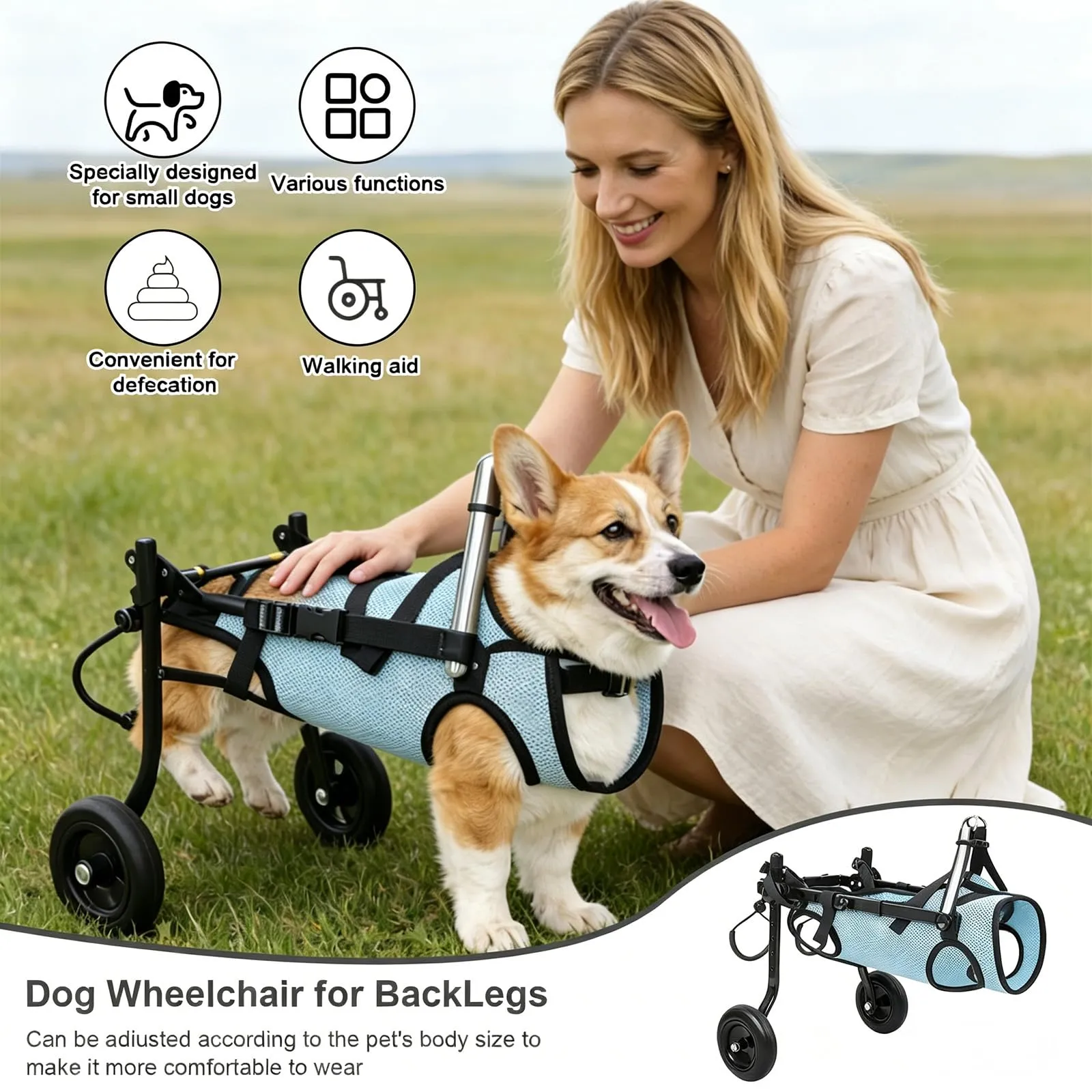 Hengrongshen Sedia a Rotelle Pieghevole per Cani e Gatti, Supporto Mobilità Regolabile per Zampe Posteriori, Taglia M (5-10 kg), Blu - immagine 5