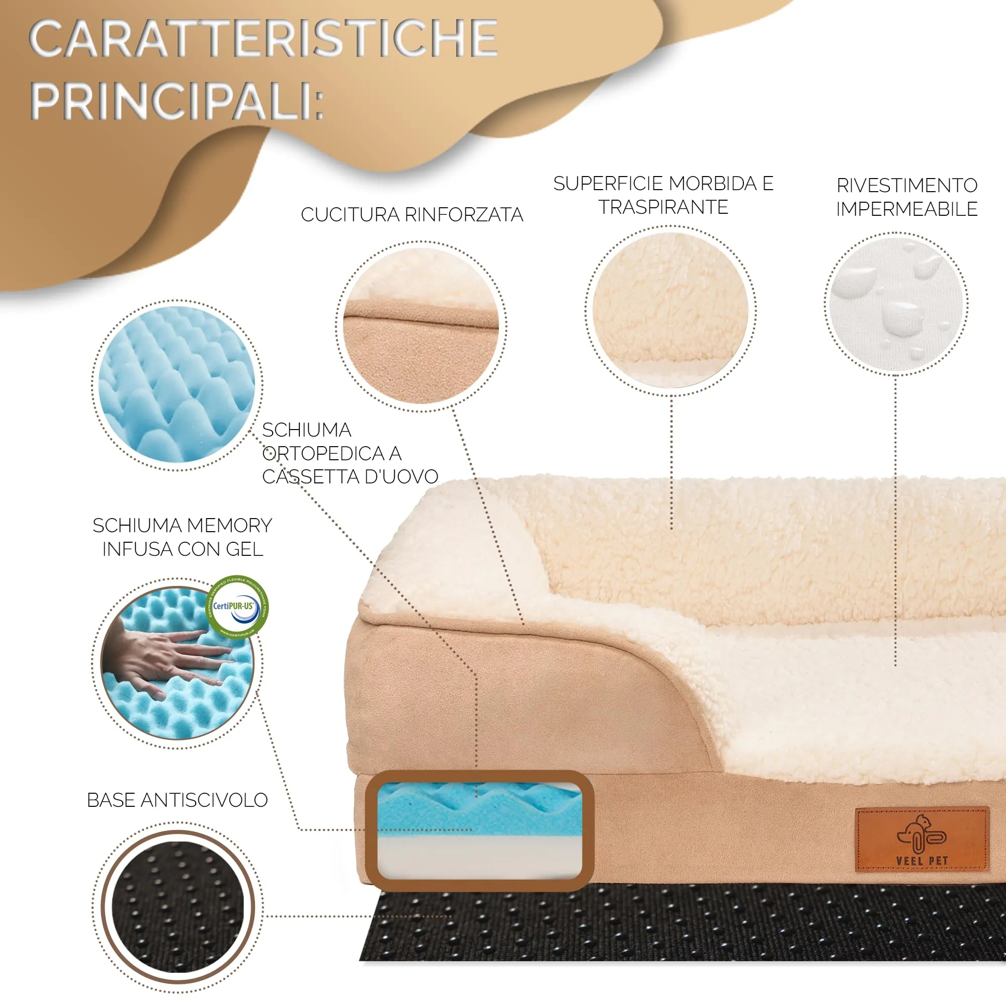 VEEL PET Cuccia Ortopedica per cani con Fodera Impermeabile Lavabile, XXL (122 x 89 x 20 cm) - immagine 6