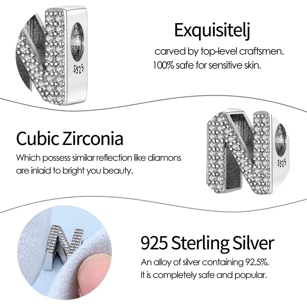 Pandach Argento Sterling 925 Lettere con Cubic Zirconia Bead Charm Ciondolo per Braccialetti e Collane Europei - immagine 5